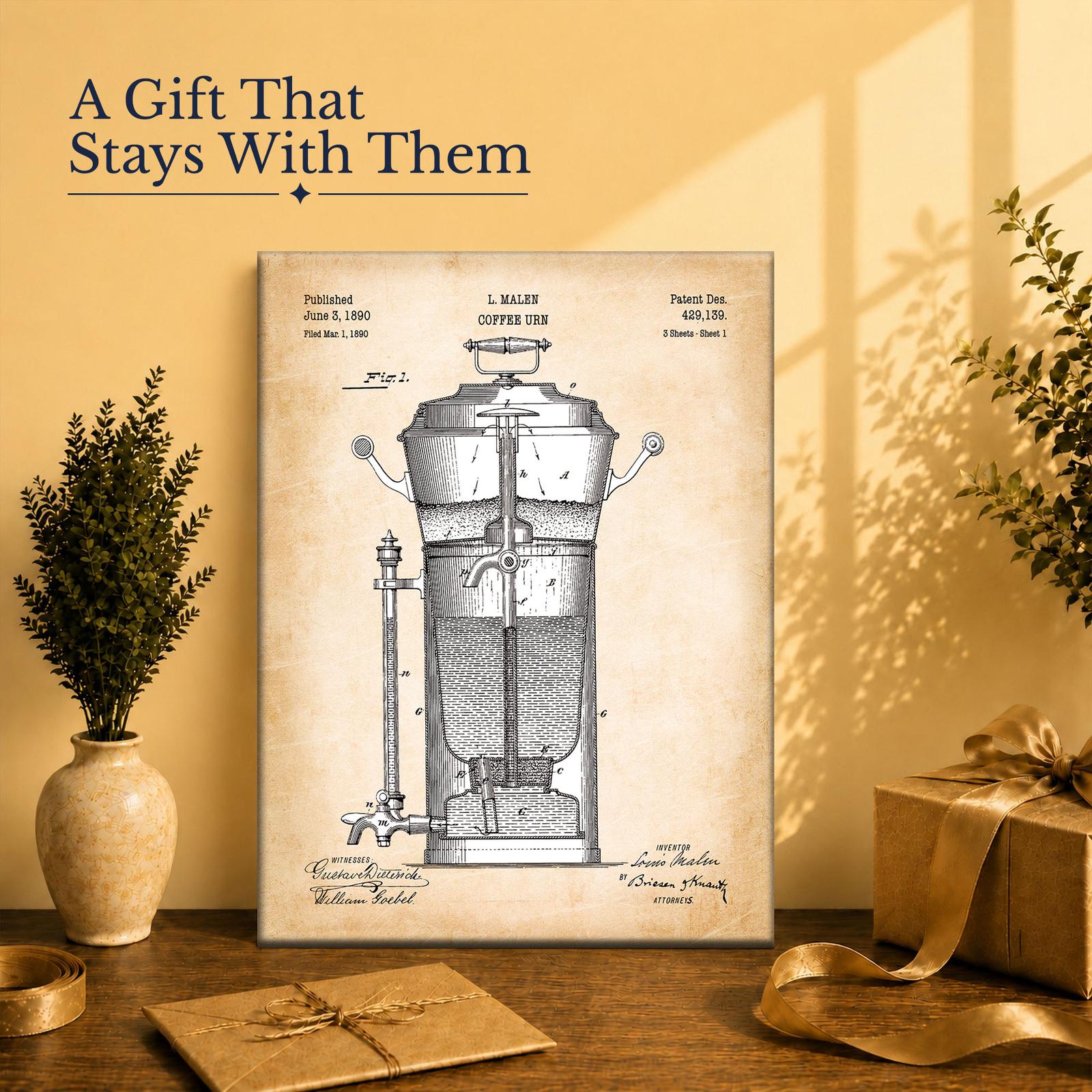 Coffee urn patent print gift - canvas print for a kitchen or coffee bar