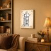 Coffee urn patent print canvas wall art displayed in a farmhouse kitchen