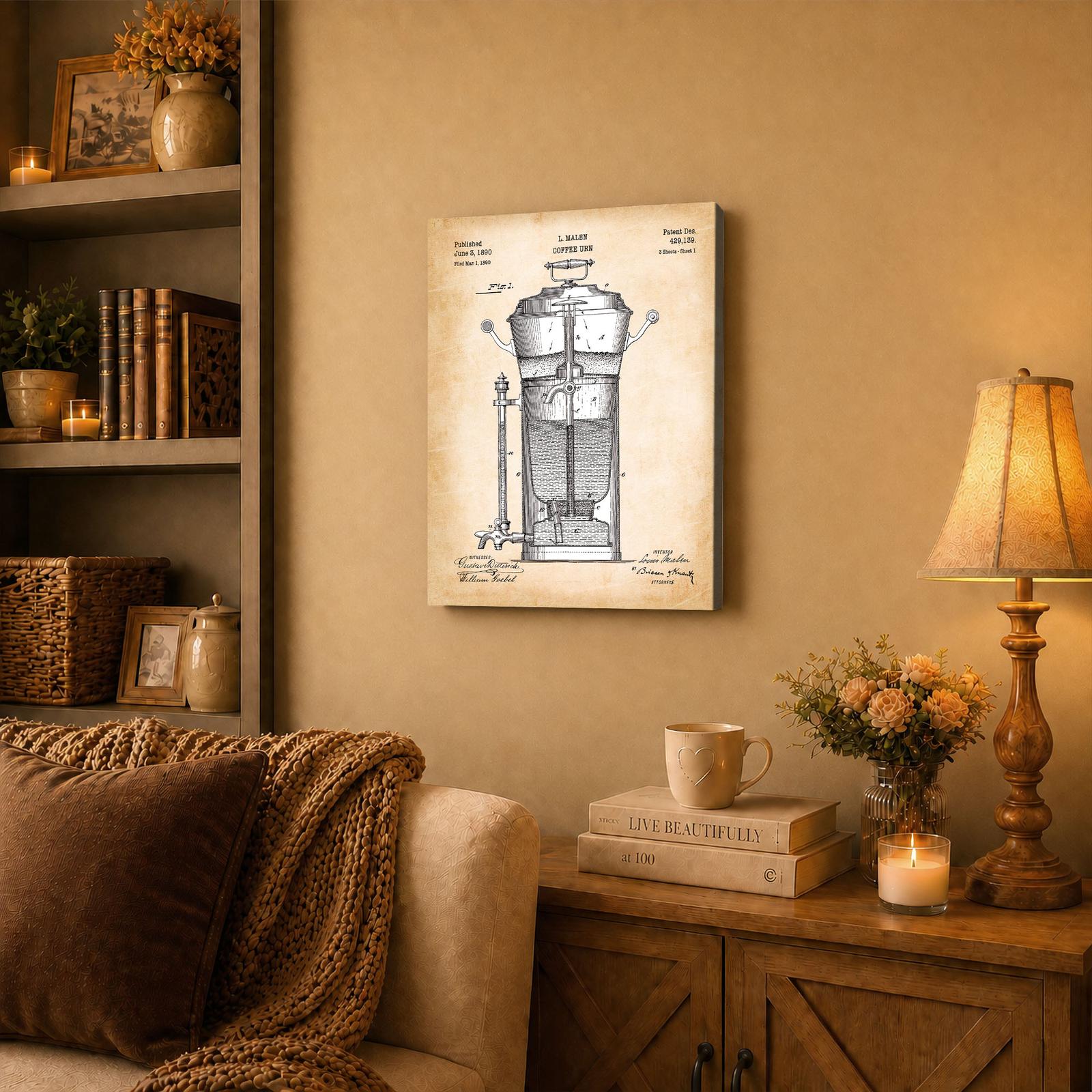 Coffee urn patent print canvas wall art displayed in a farmhouse kitchen