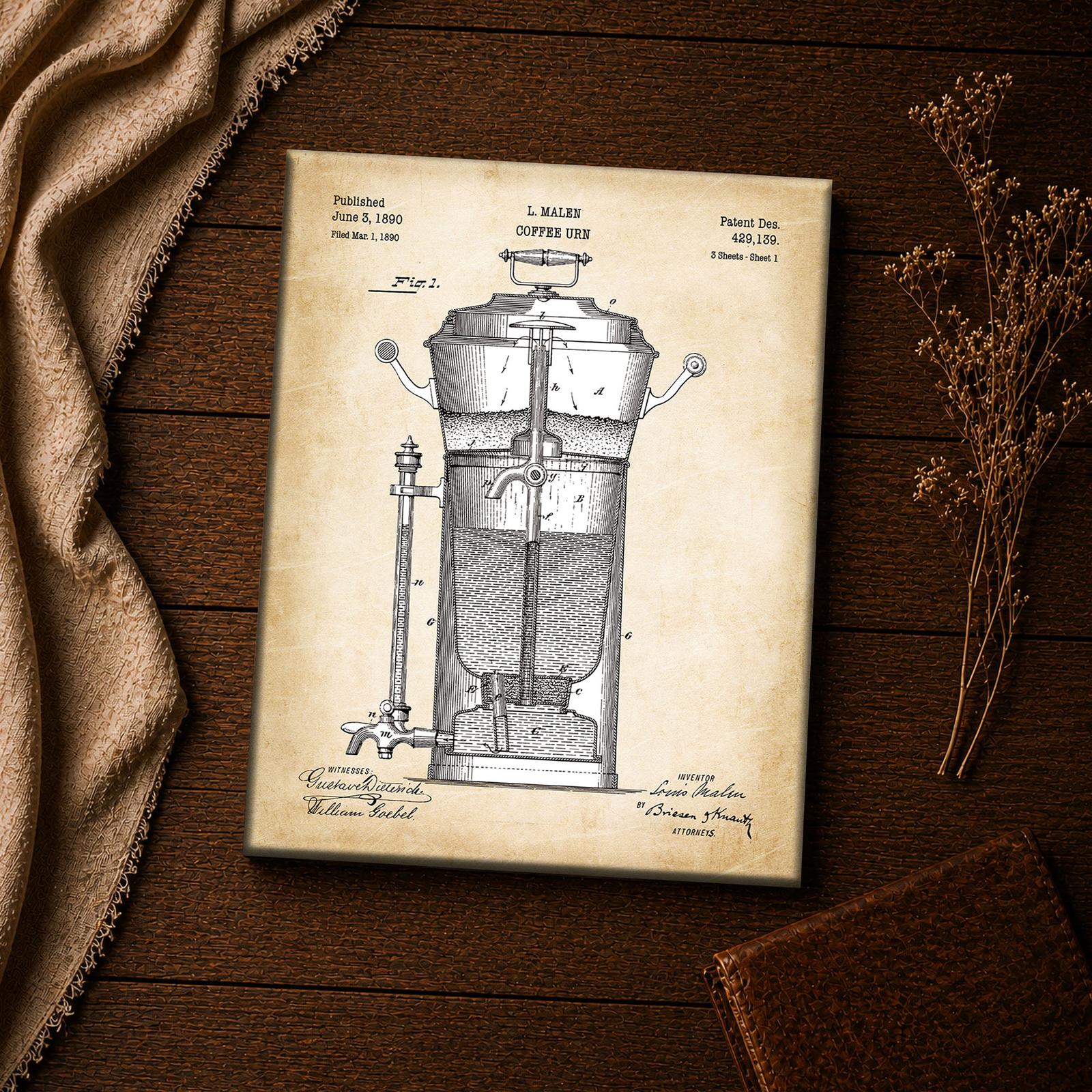 Vintage coffee urn patent art - cross-section detail closeup