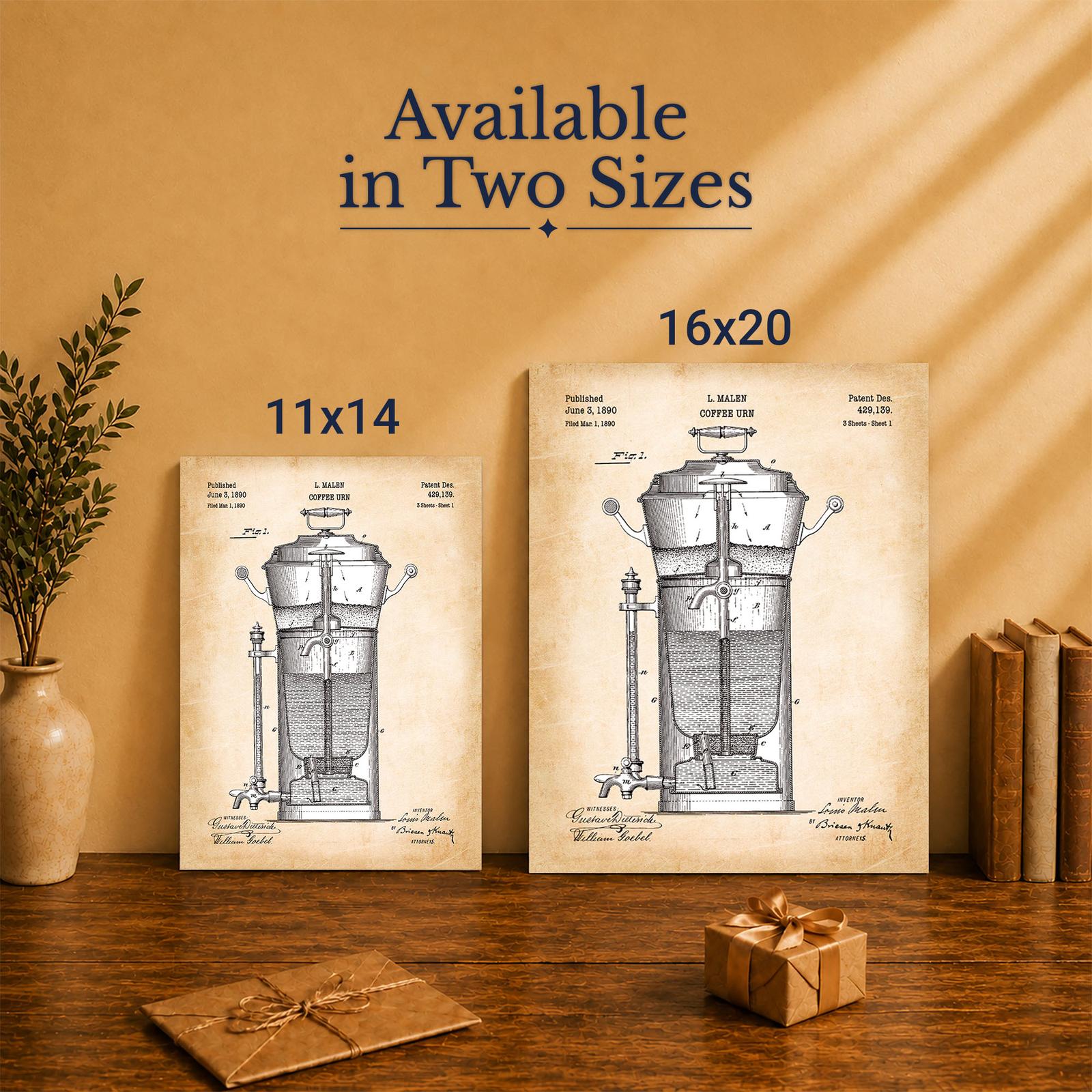 Coffee urn patent print - Made in USA family-owned kitchen wall art