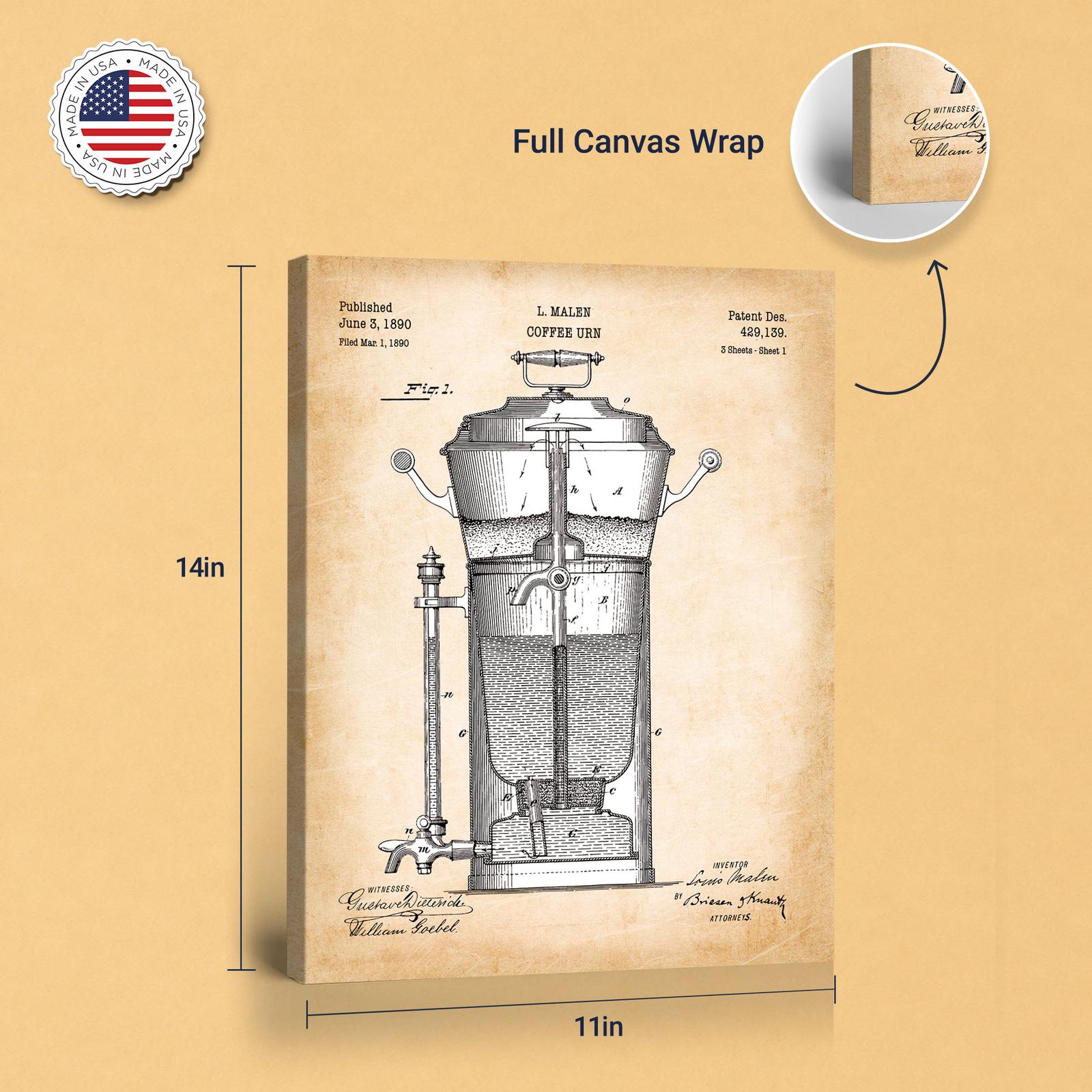 Coffee urn patent art - gallery wrapped canvas edge detail