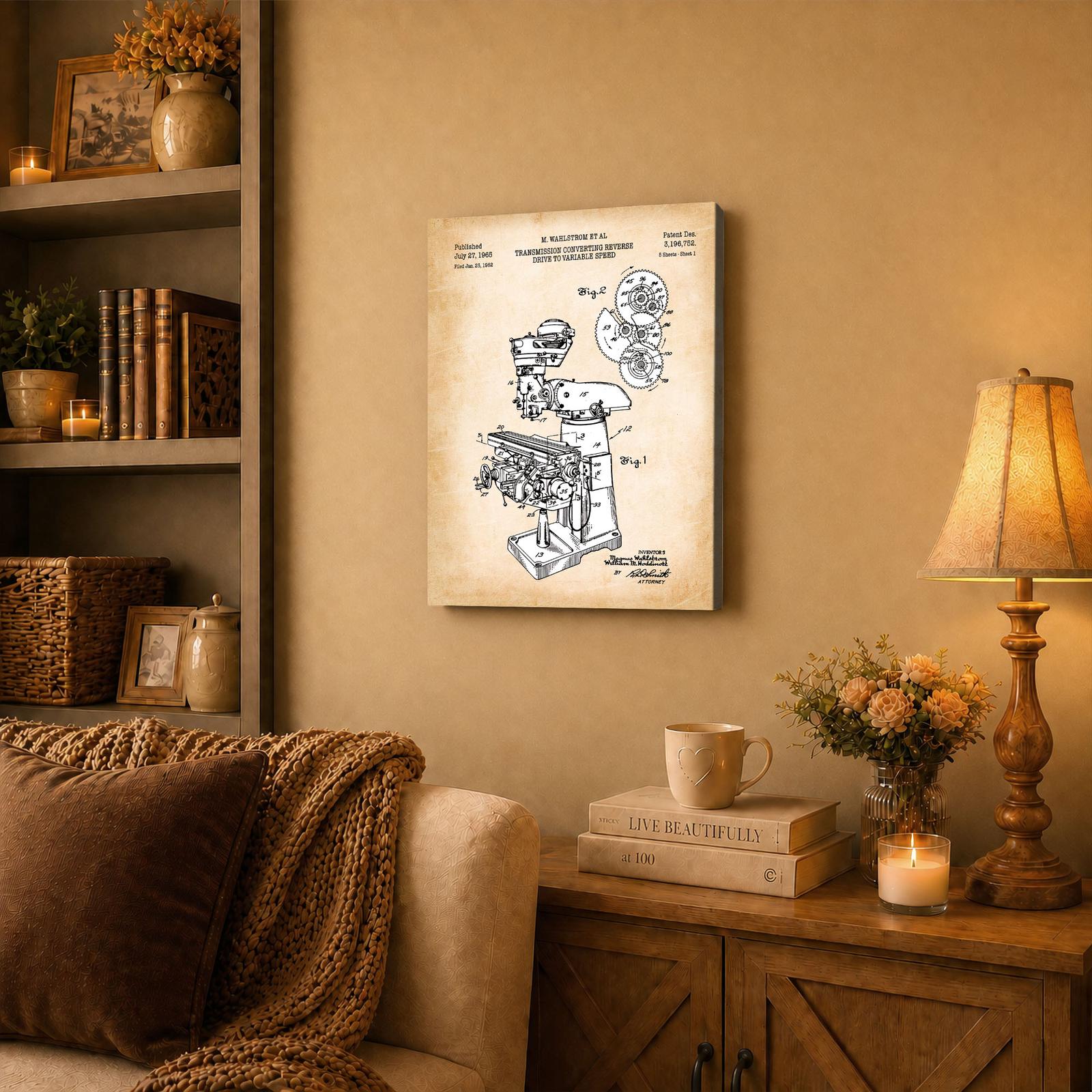 C2384C-3-11x14-1 Milling machine patent print canvas wall art displayed in a workshop