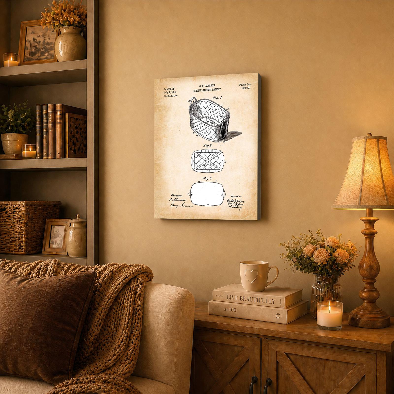 Laundry basket patent print canvas wall art displayed in a mudroom