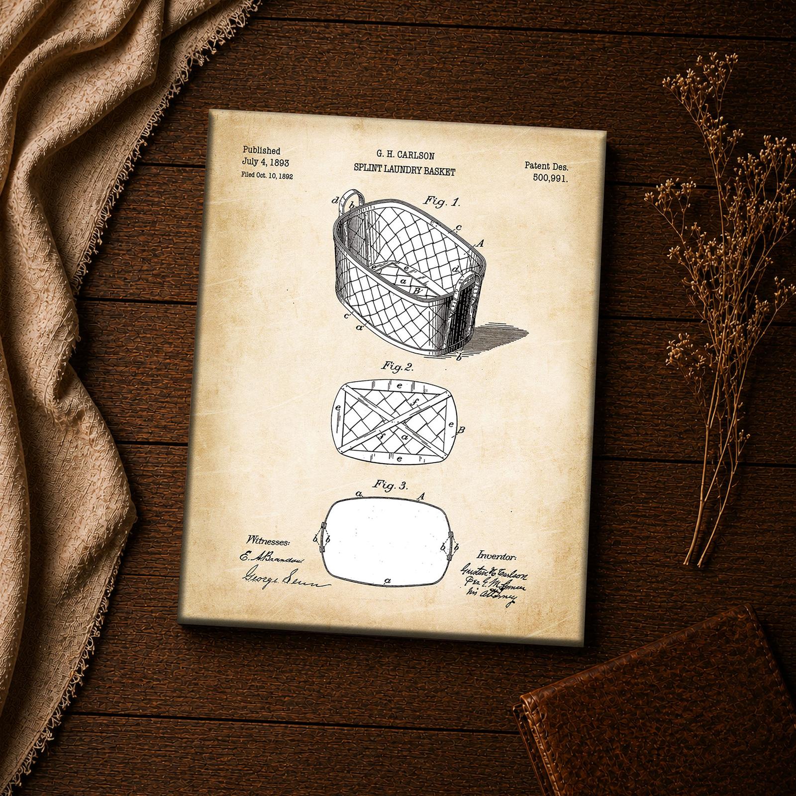 Vintage laundry basket patent art - splint weave detail closeup