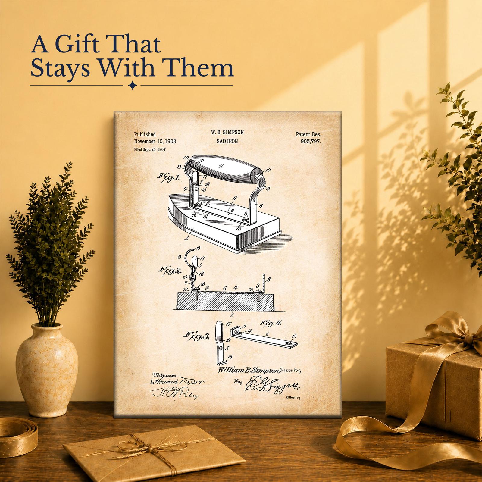 Sad iron patent print gift - canvas print for a den or hallway