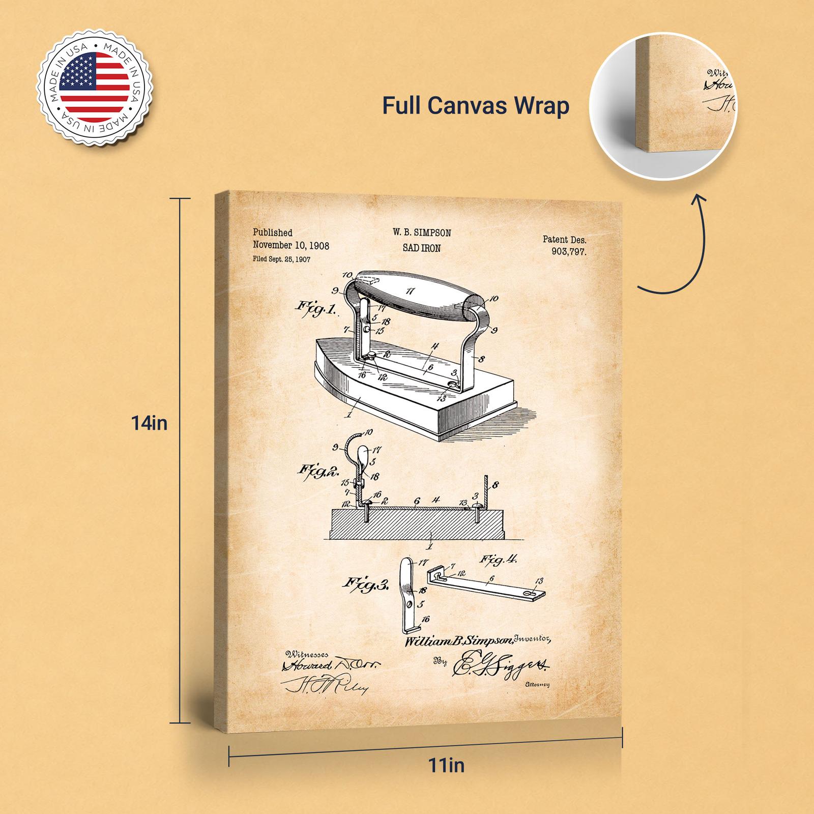 Sad iron patent art - gallery wrapped canvas edge detail