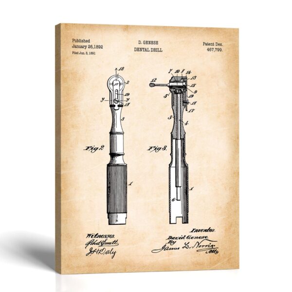 Dental drill patent canvas print - 1892 hand-piece design by Crossroads Home Decor