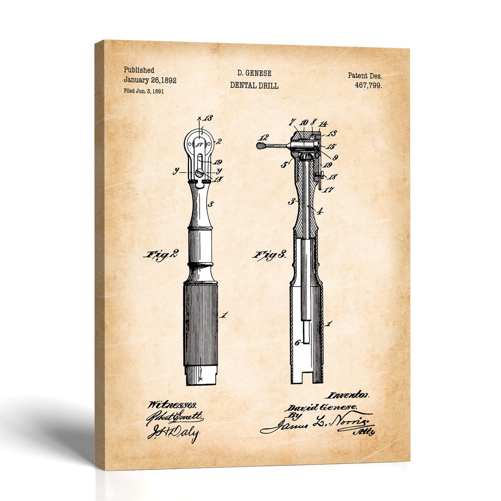 Dental drill patent canvas print - 1892 hand-piece design by Crossroads Home Decor