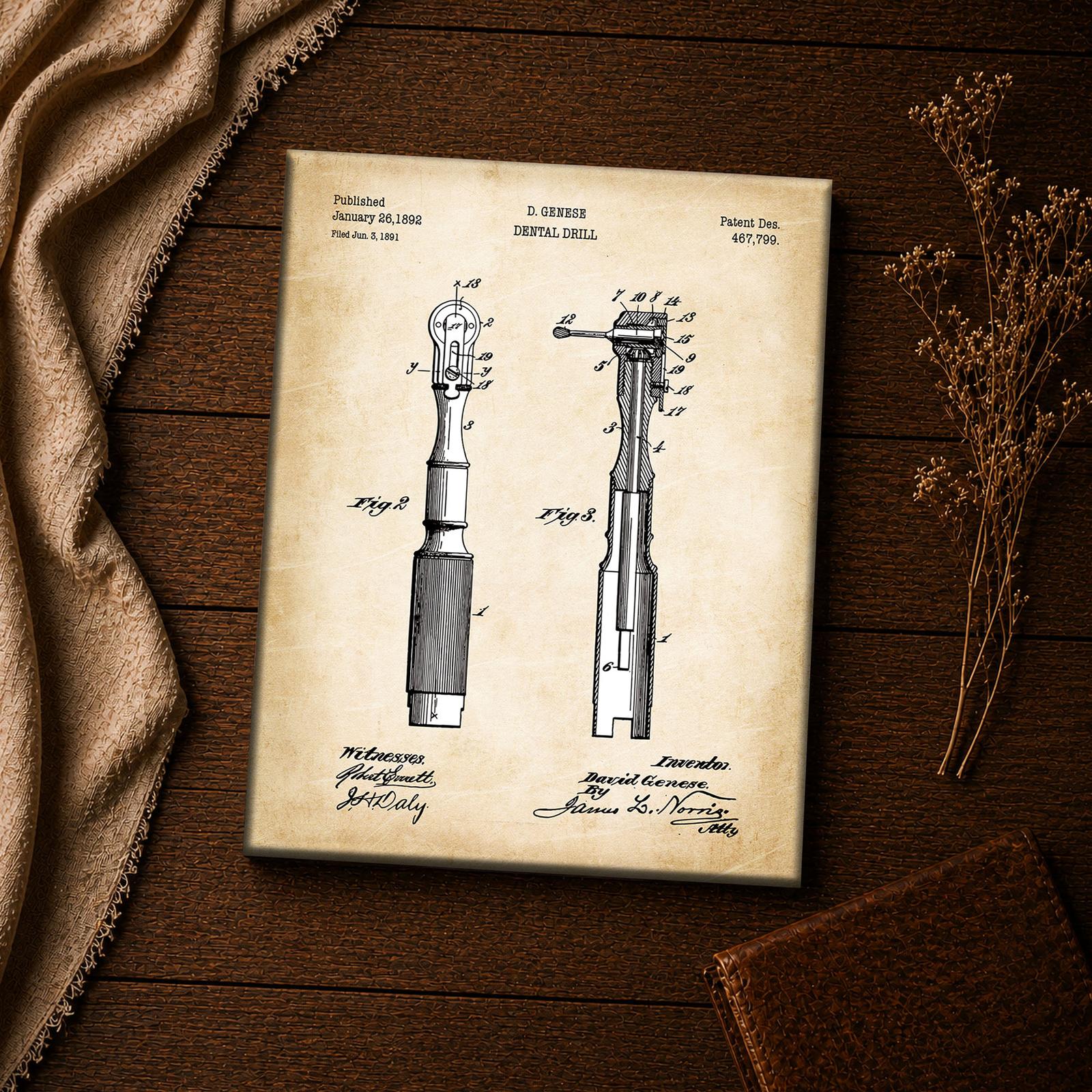 1892 dental drill patent canvas print - vintage dentist tool wall art