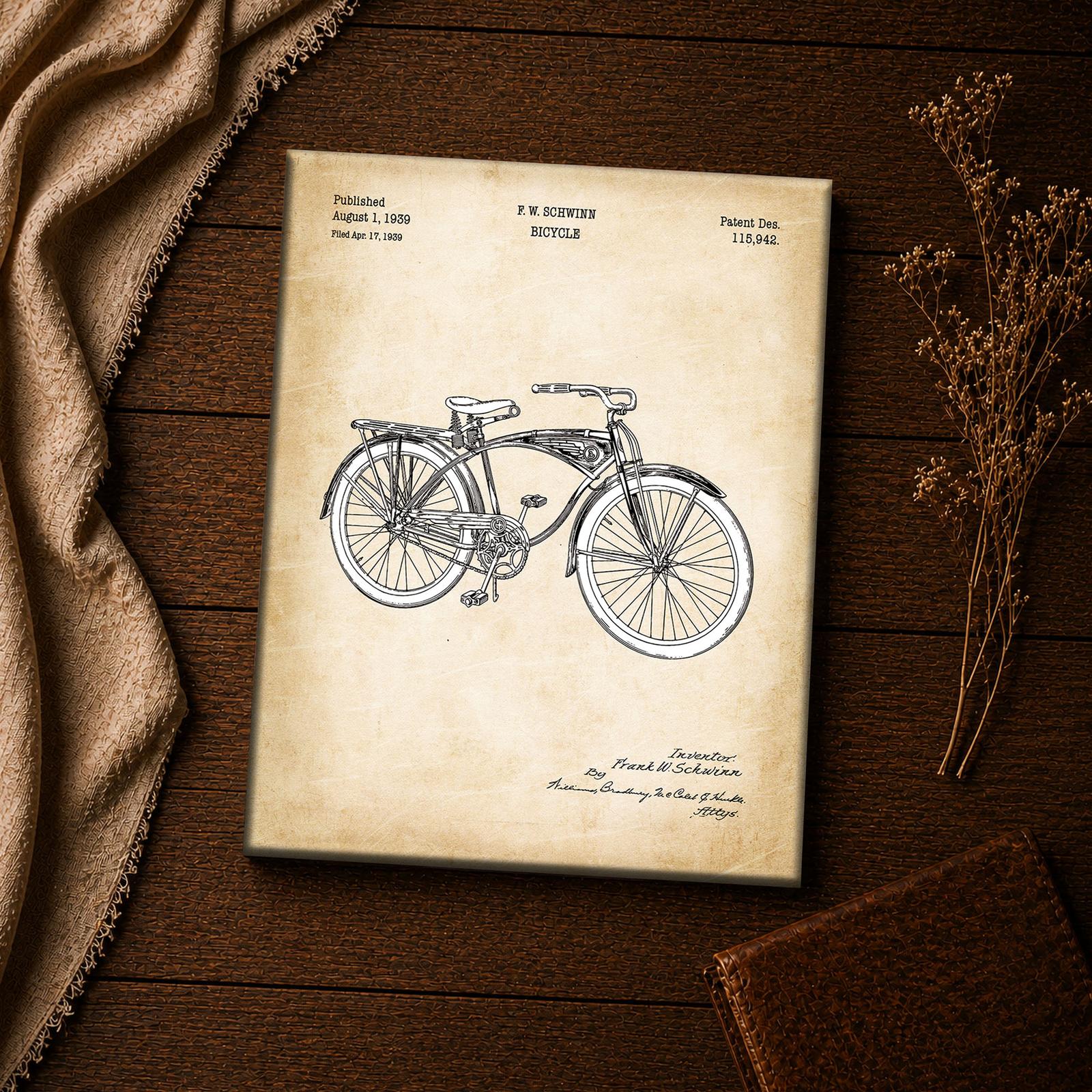 1939 Schwinn patent canvas print - vintage bicycle blueprint wall art