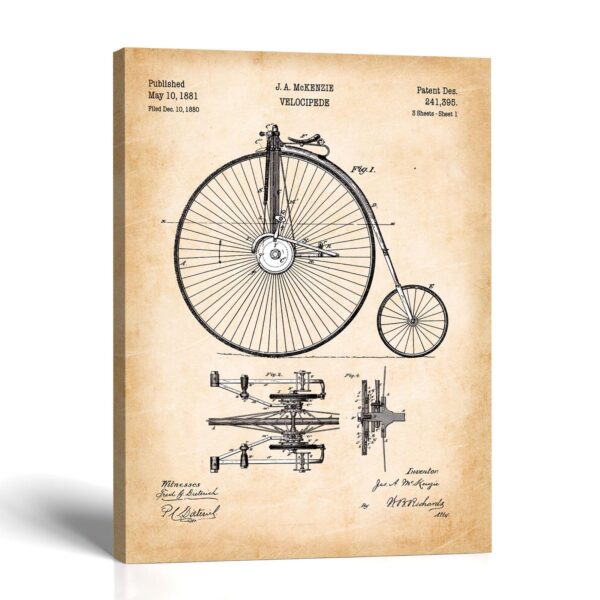 Velocipede patent canvas print - 1881 high-wheel bicycle design by Crossroads Home Decor