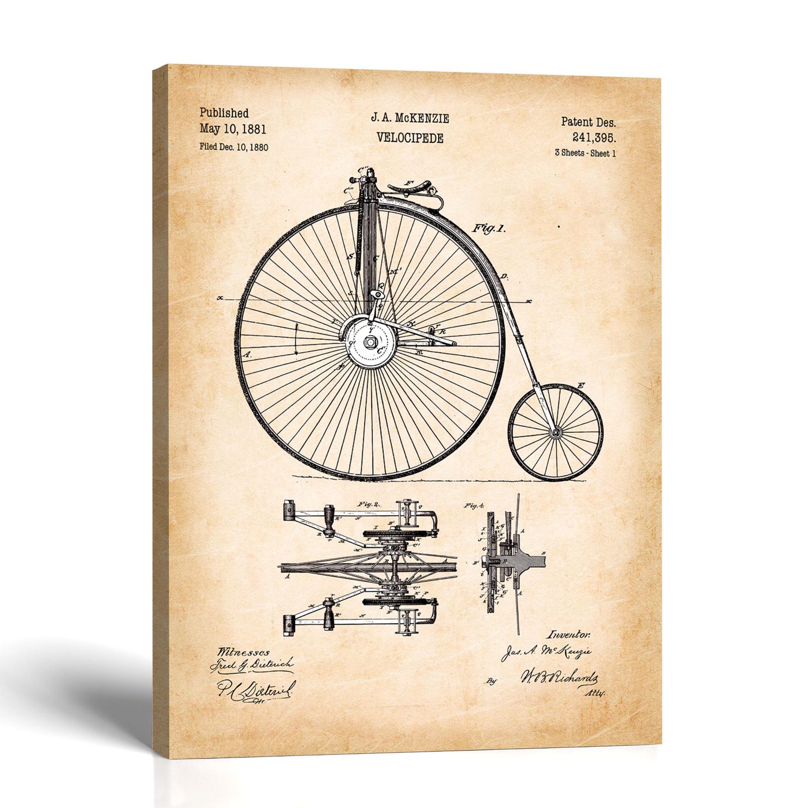 Velocipede patent canvas print - 1881 high-wheel bicycle design by Crossroads Home Decor
