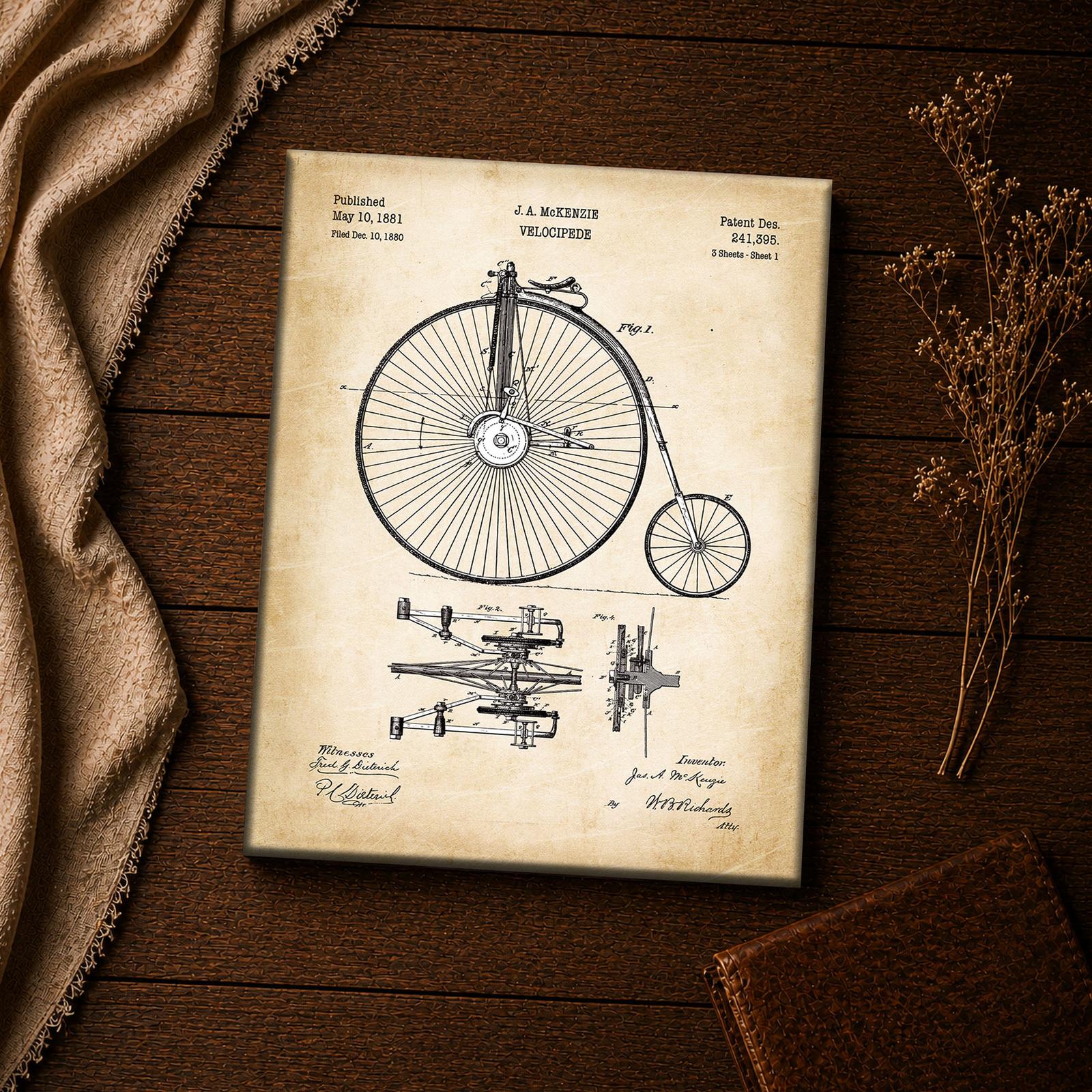 1881 velocipede patent canvas print - high-wheel bicycle blueprint art
