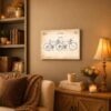 Tandem tricycle patent canvas wall art displayed in a garage workshop
