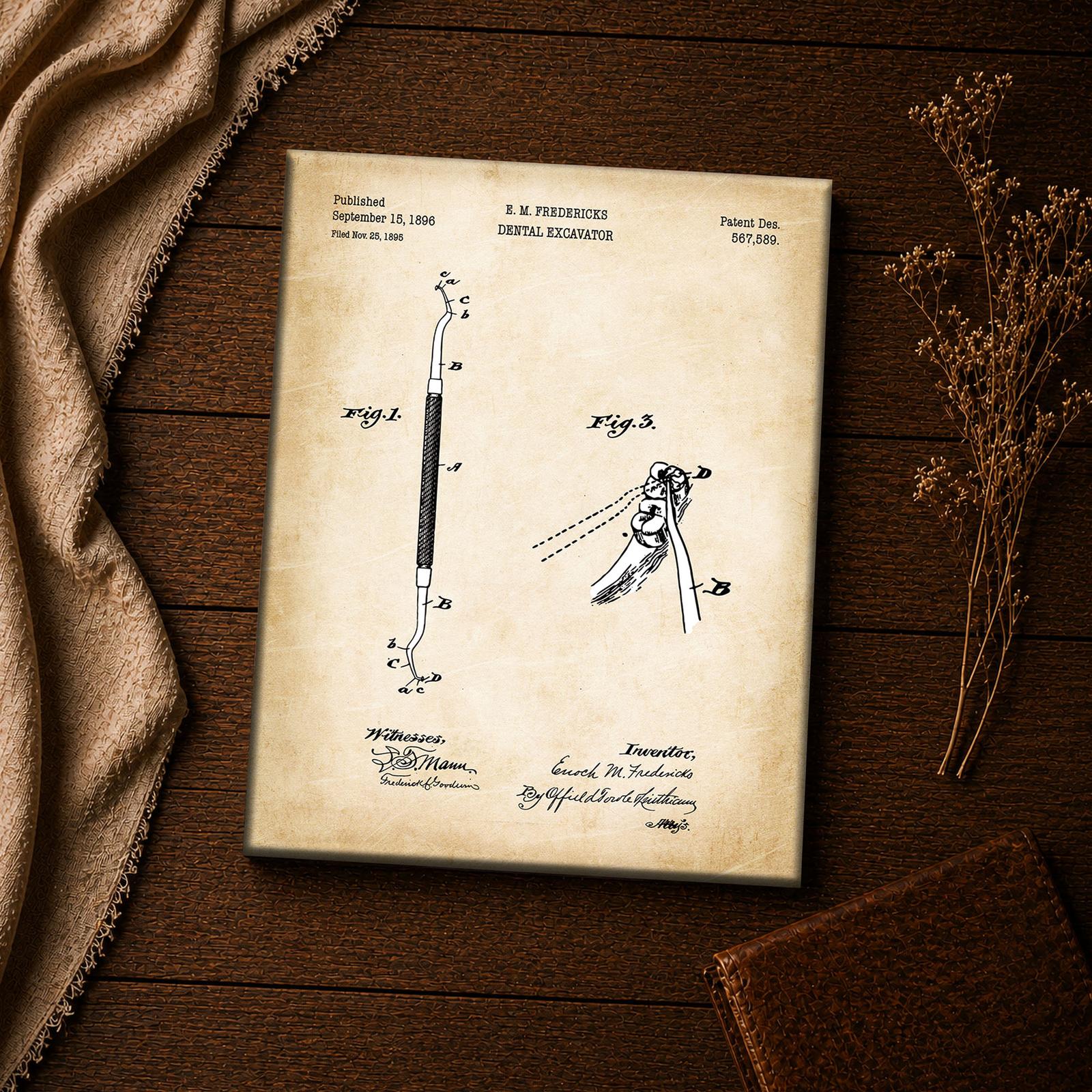 1896 dental excavator patent canvas print - vintage dentist tool wall art