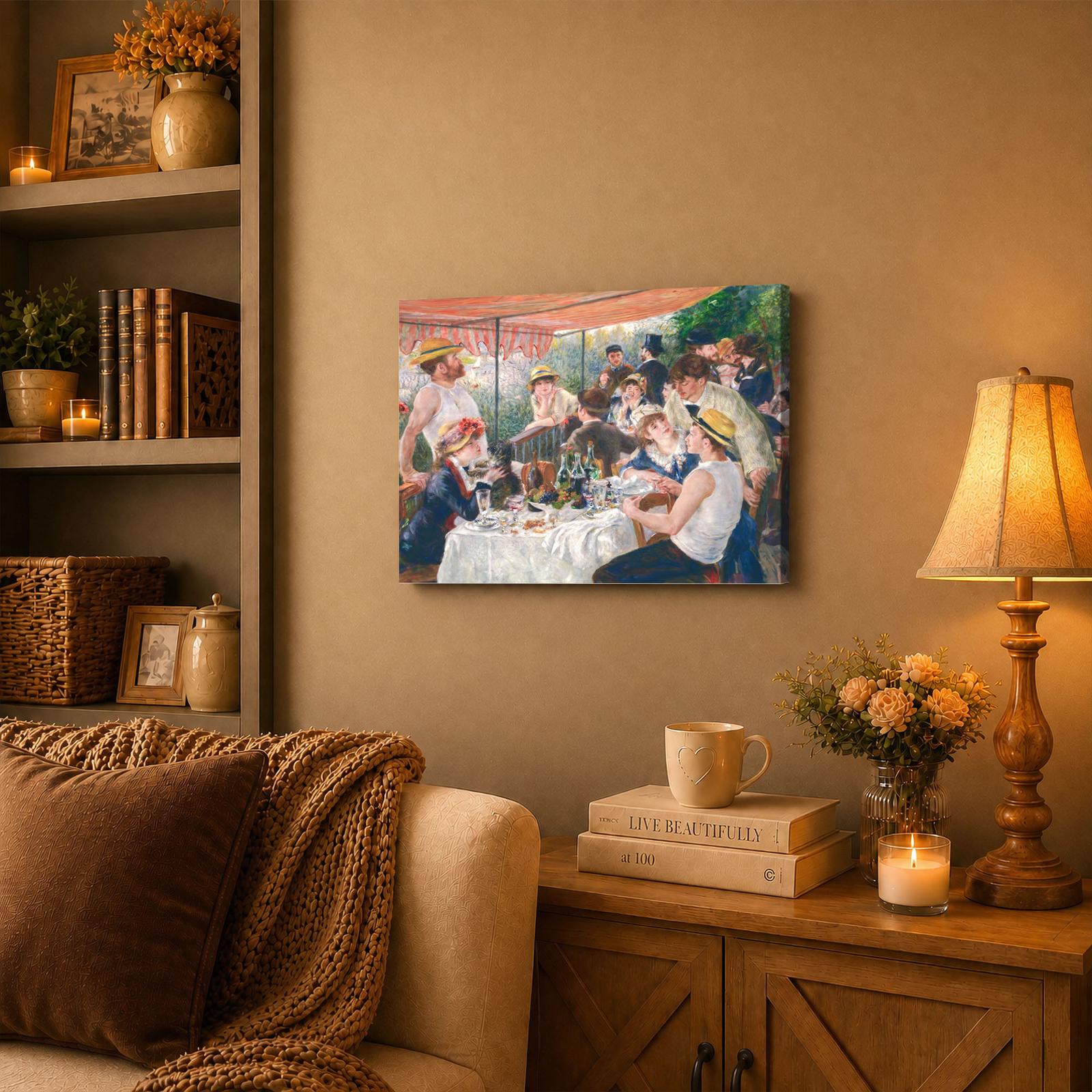 Luncheon of the Boating Party canvas wall art displayed in a dining room