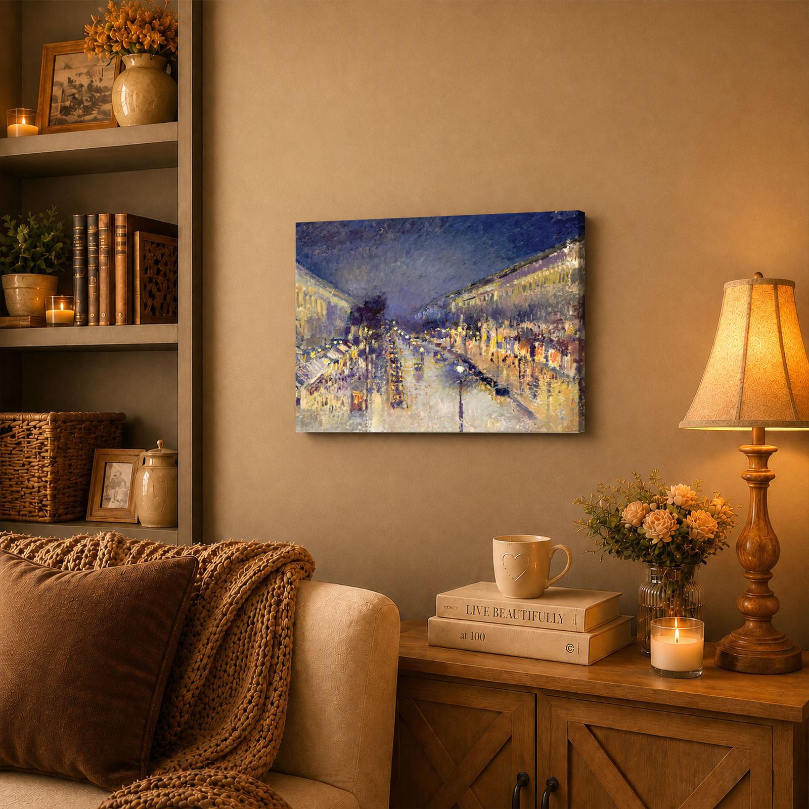 The Boulevard Montmartre at Night canvas wall art displayed in an office or study