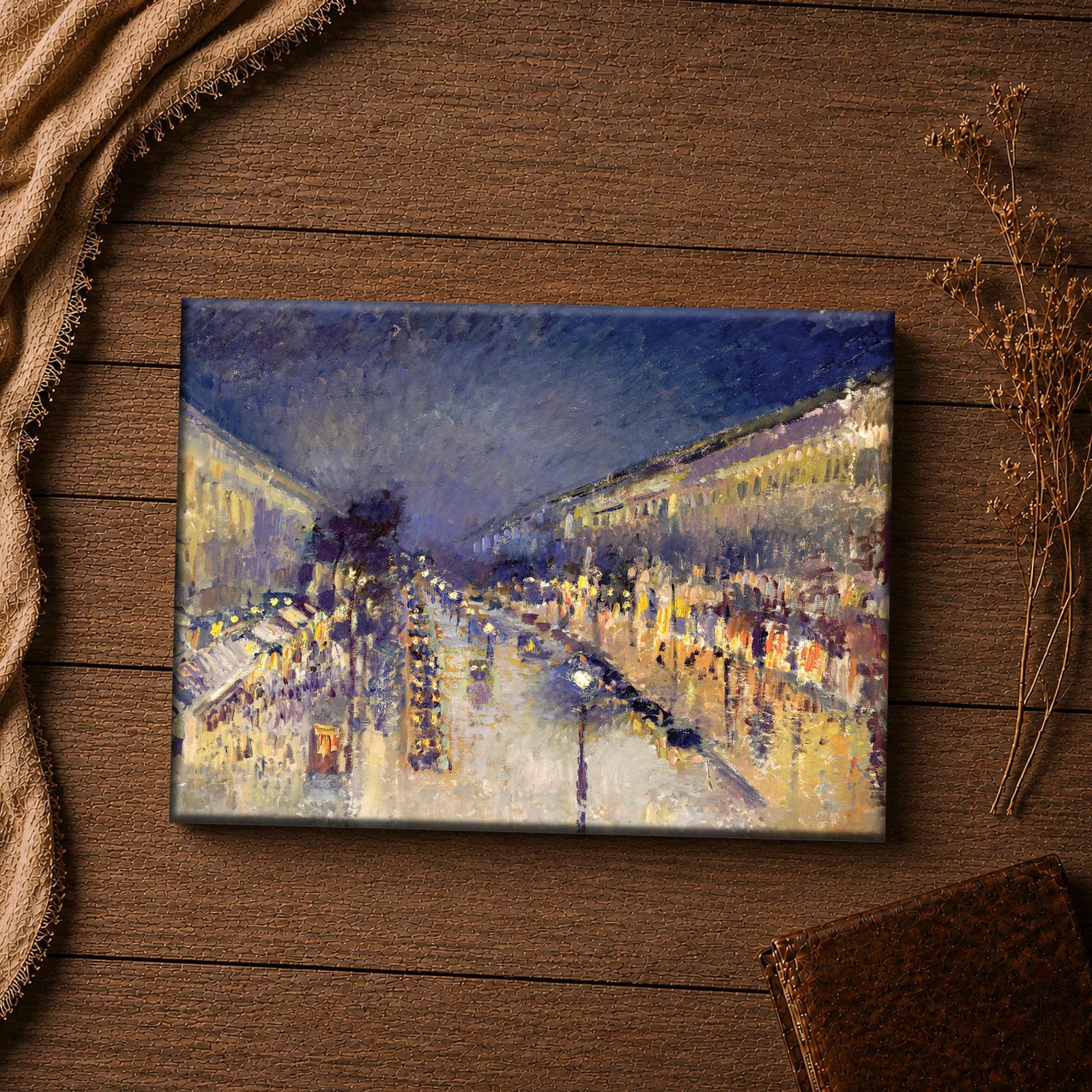 The Boulevard Montmartre at Night canvas print - Pissarro's rain-slicked Paris boulevard detail
