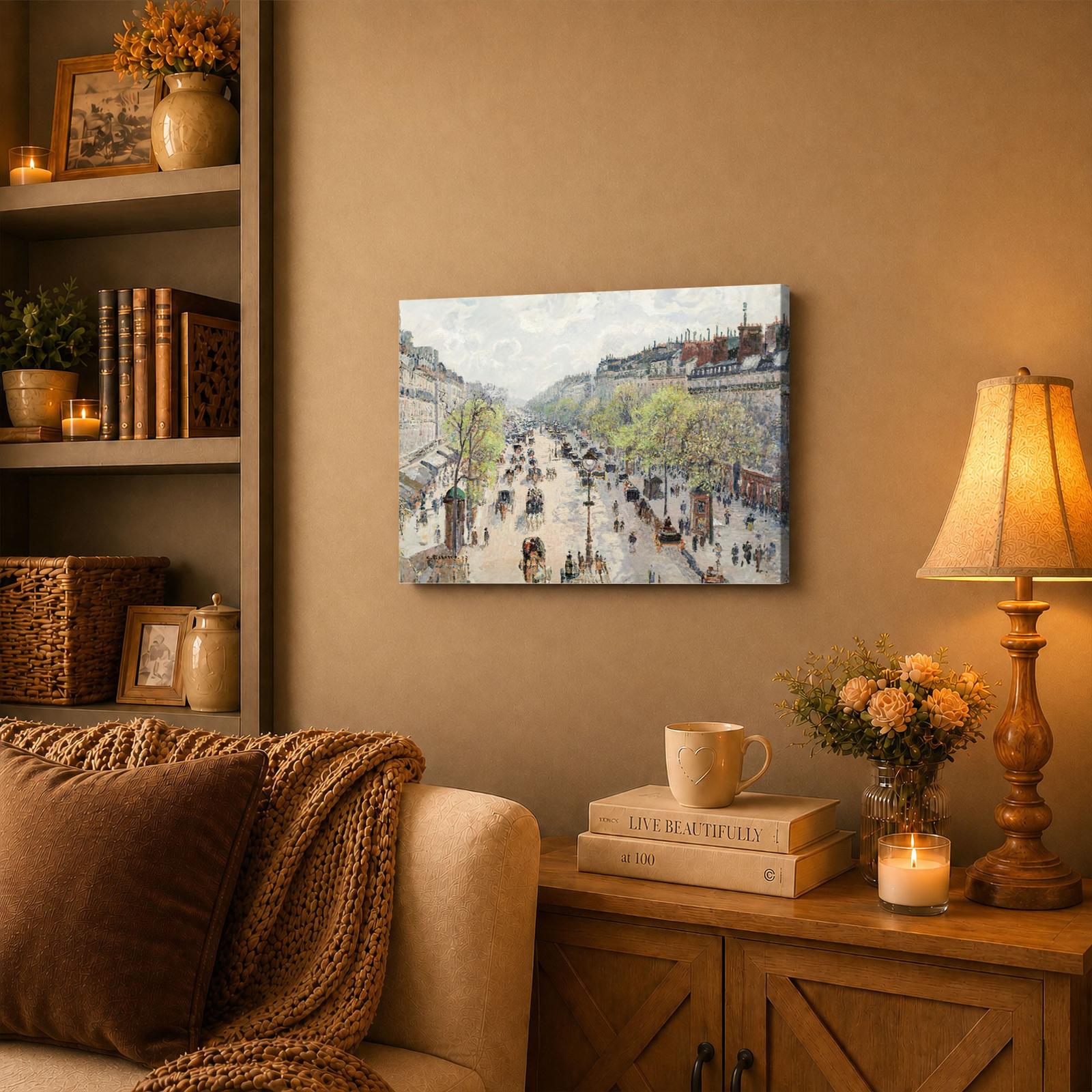 Boulevard Montmartre, Spring canvas wall art displayed in a living room or hallway