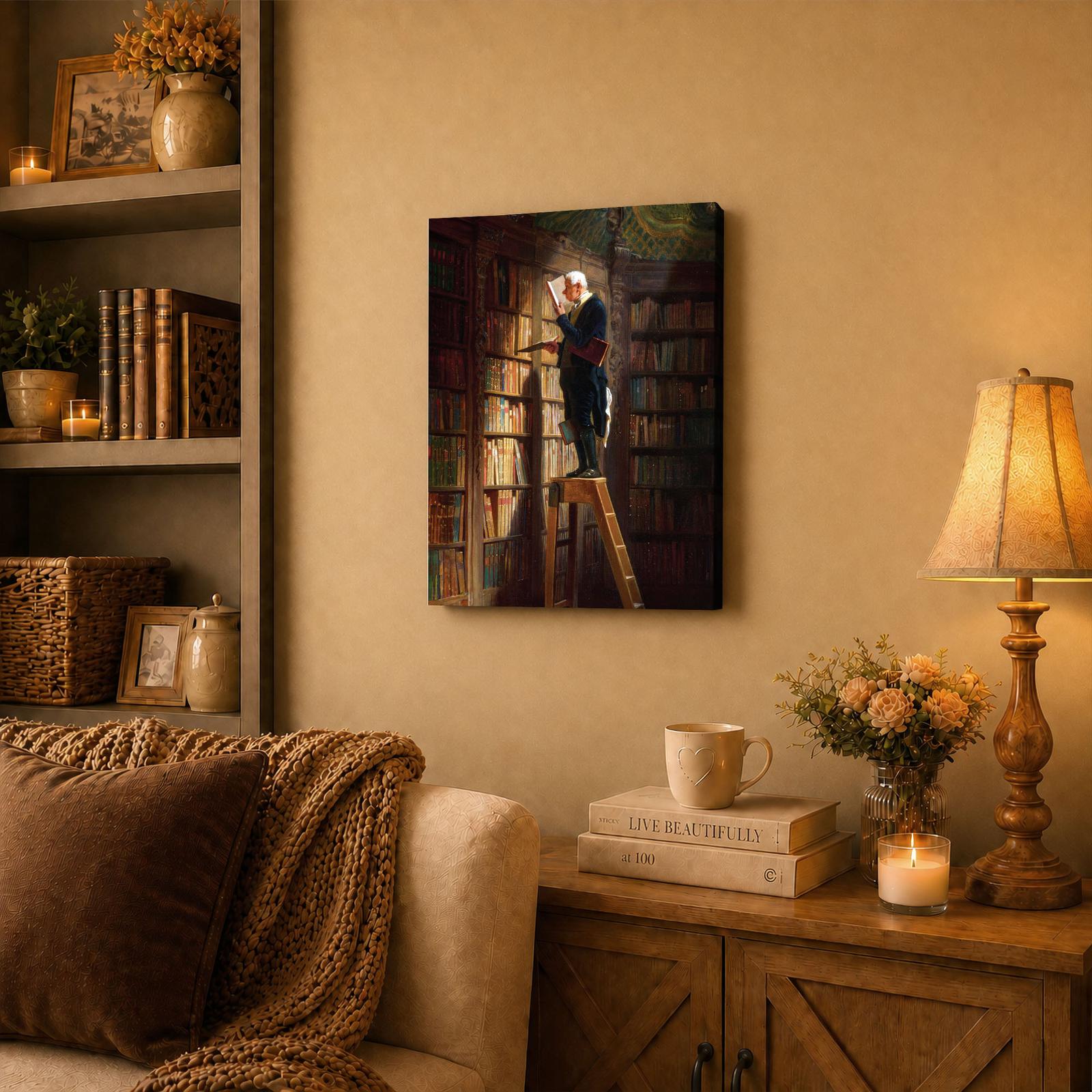 The Bookworm canvas wall art displayed in a home library