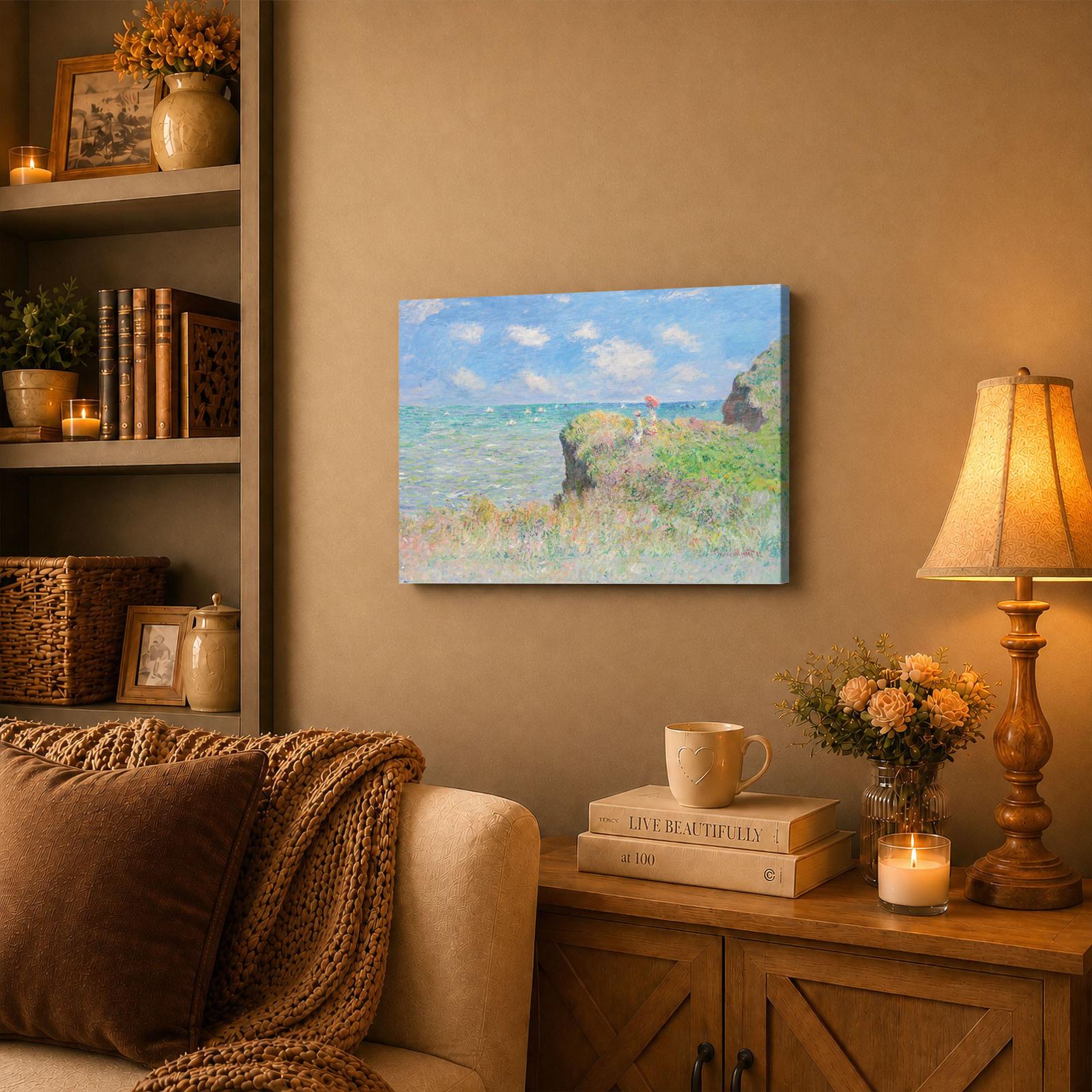 C2413C-3-11x14-1 The Cliff Walk at Pourville canvas wall art displayed in a coastal living room