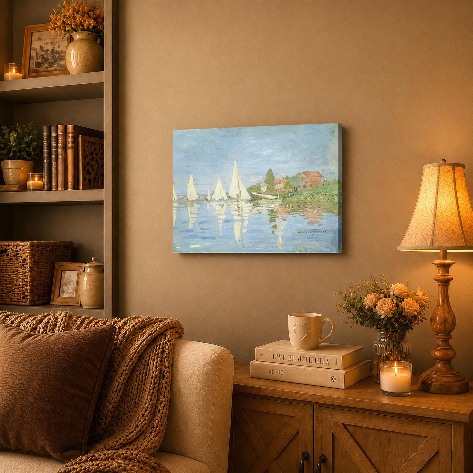 C2416C-3-11x14-1 Monet Regatta at Argenteuil canvas wall art displayed in a living room