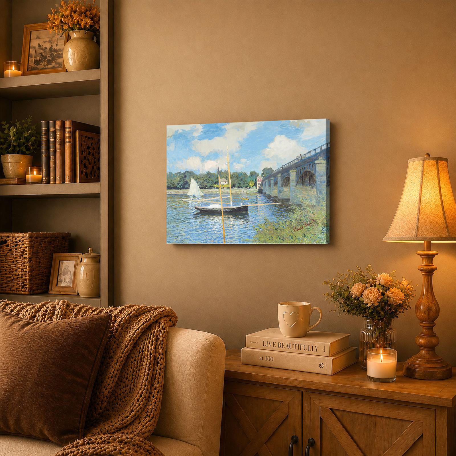 Monet Bridge at Argenteuil canvas wall art displayed in a study