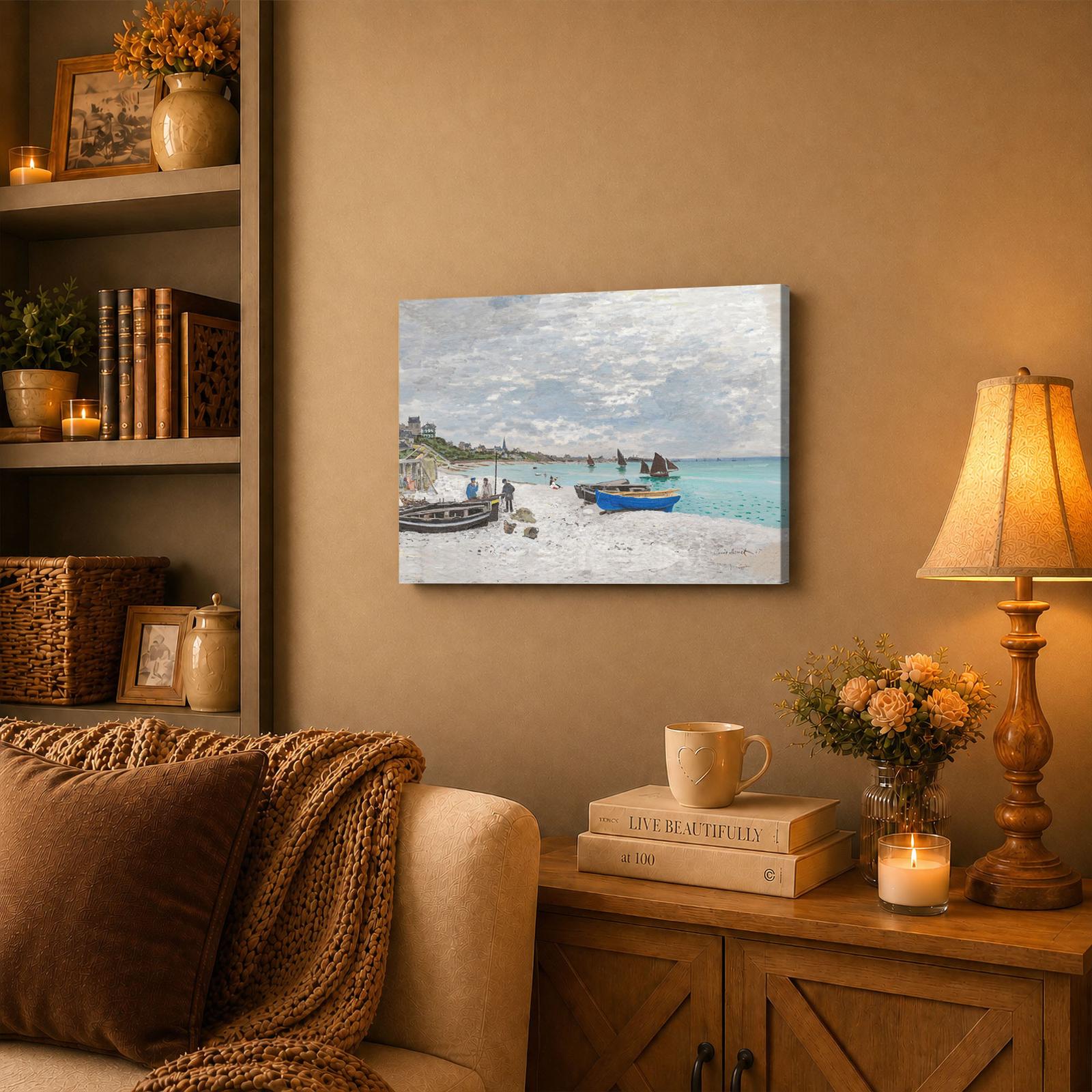 Monet Beach at Sainte-Adresse canvas wall art displayed in a sunroom