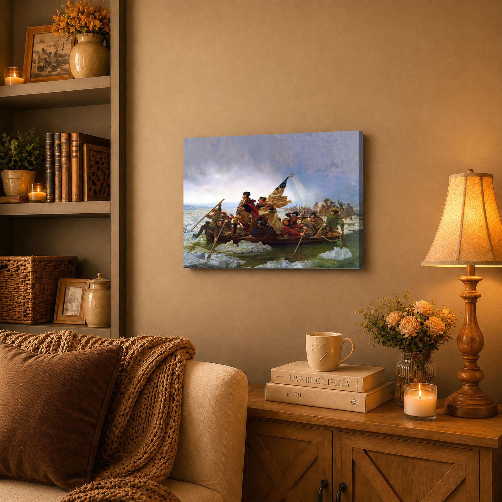 Washington Crossing the Delaware canvas wall art displayed in an office