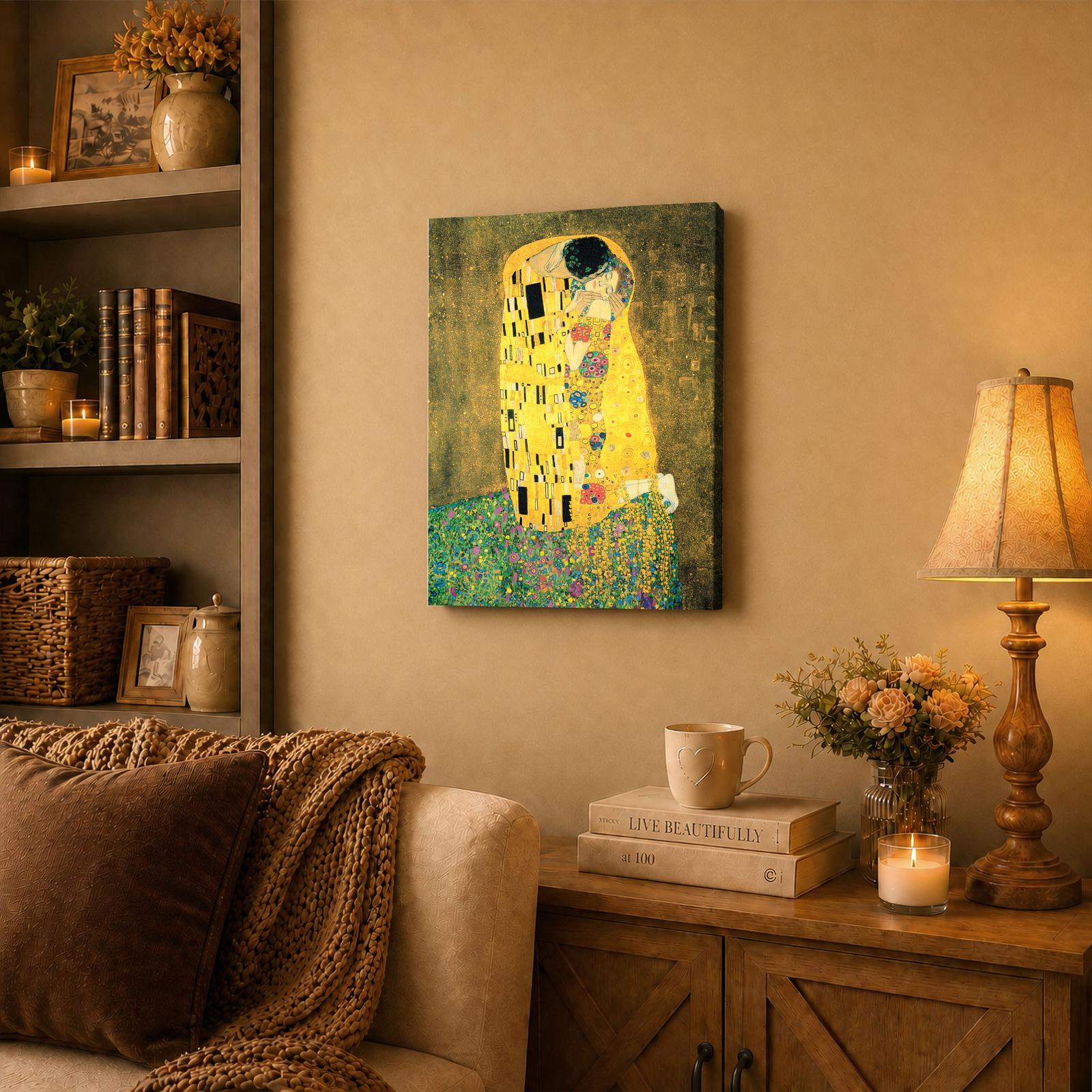 The Kiss canvas wall art displayed in a bedroom