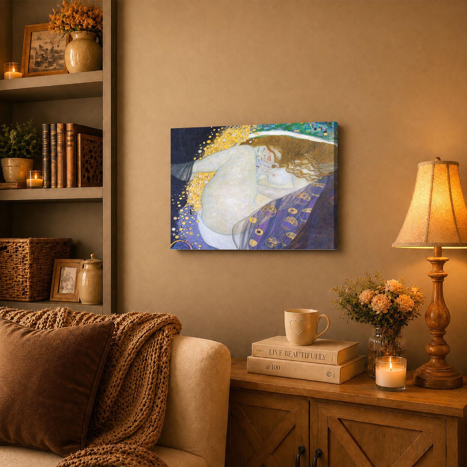 Danae by Gustav Klimt canvas wall art displayed in a living room