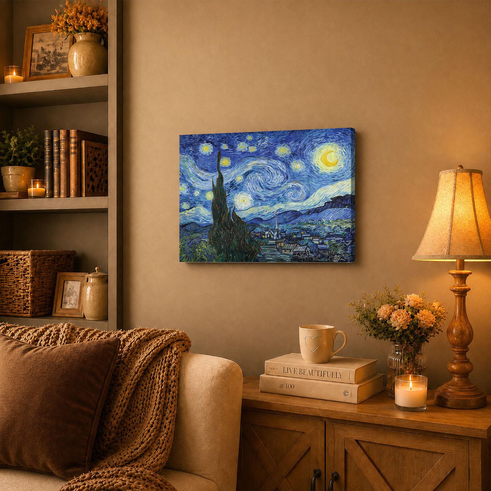 Starry Night Van Gogh canvas wall art displayed in a living room