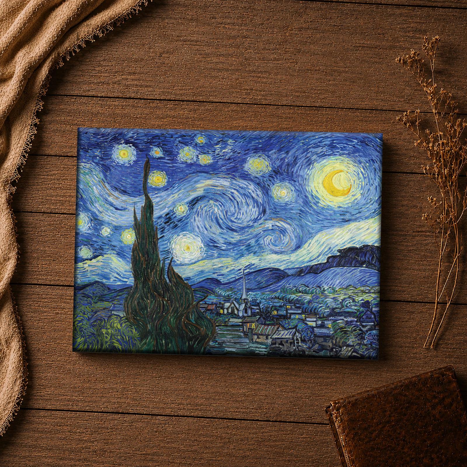 Starry Night Van Gogh canvas - close-up of the swirling brushwork and cypress tree