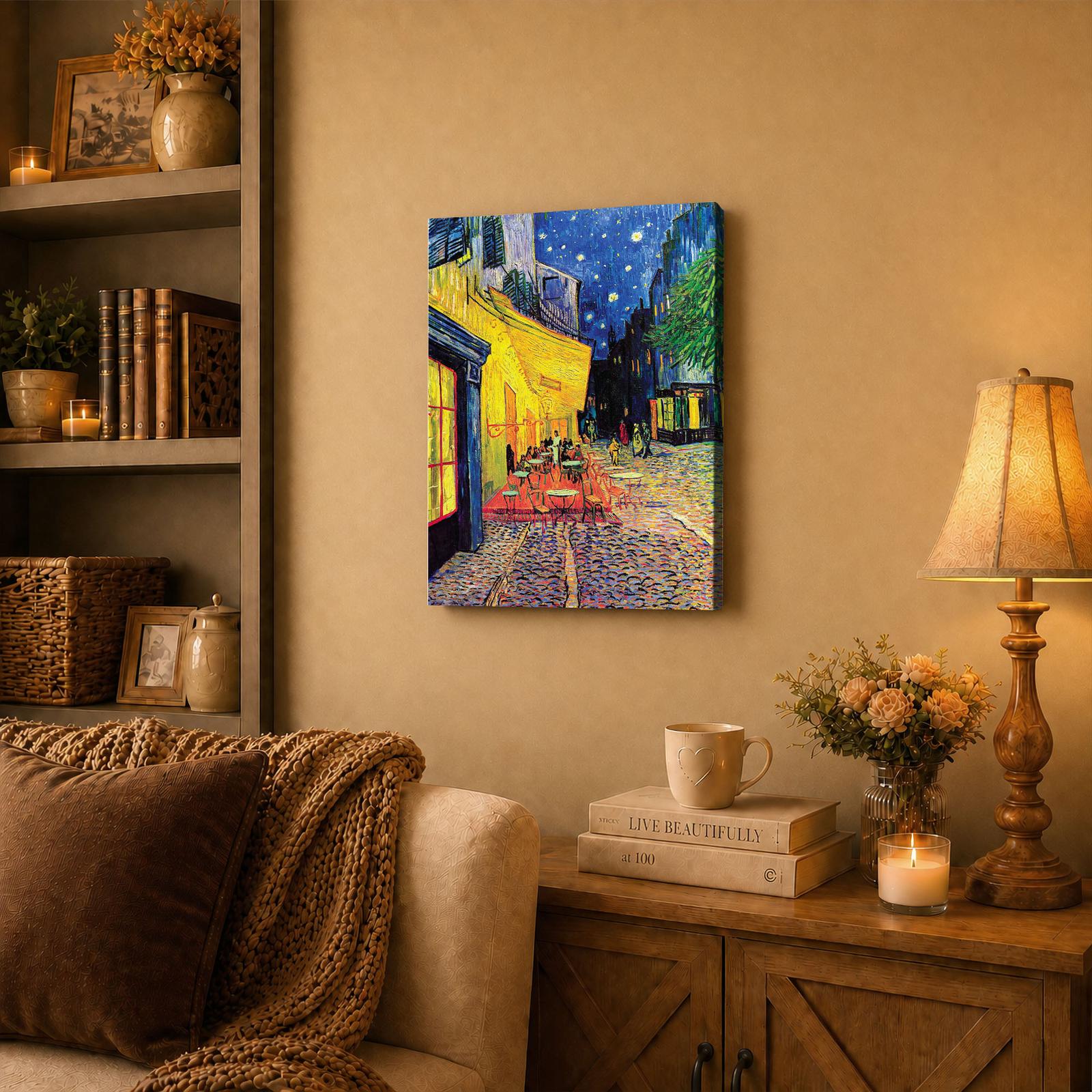 Cafe Terrace at Night canvas wall art displayed in a dining room