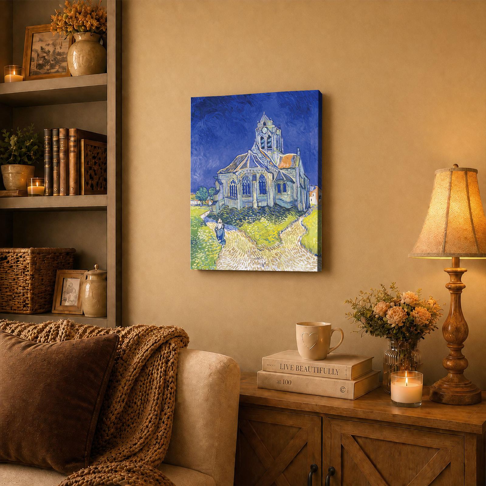 Church at Auvers canvas wall art displayed in a living room
