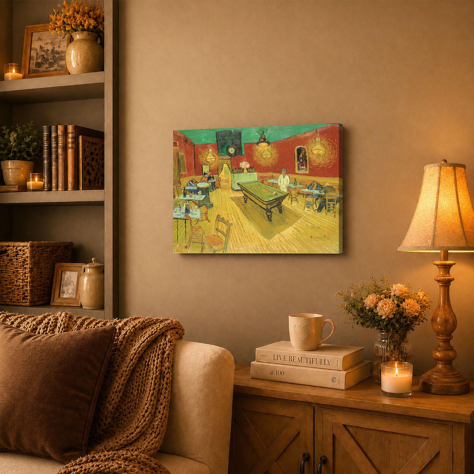 The Night Cafe canvas wall art displayed in a kitchen or coffee nook