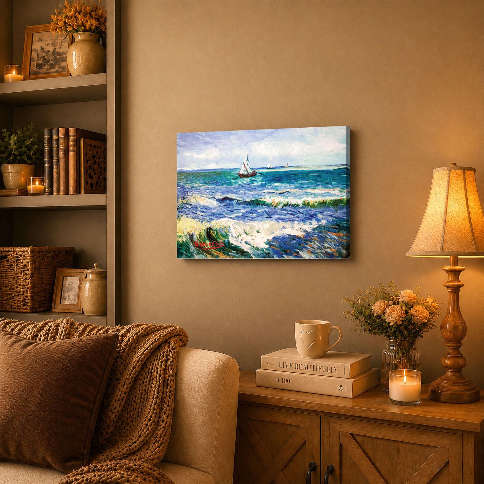 Seascape at Saintes-Maries canvas wall art displayed in a living room