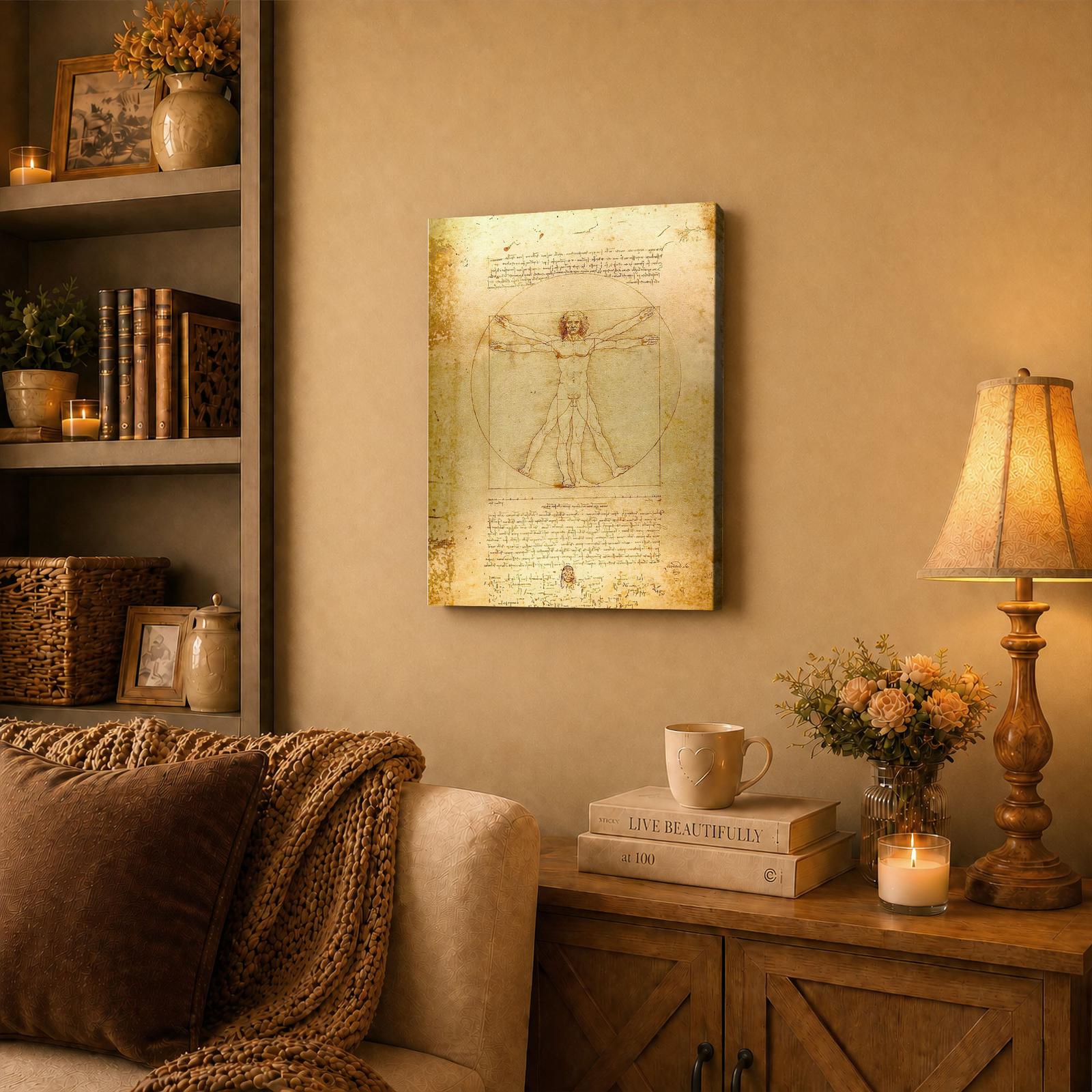 Vitruvian Man canvas wall art displayed in a home office and study