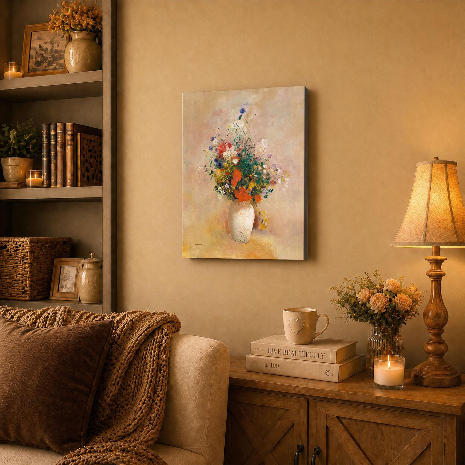Vase of Flowers Odilon Redon canvas wall art displayed in a bedroom