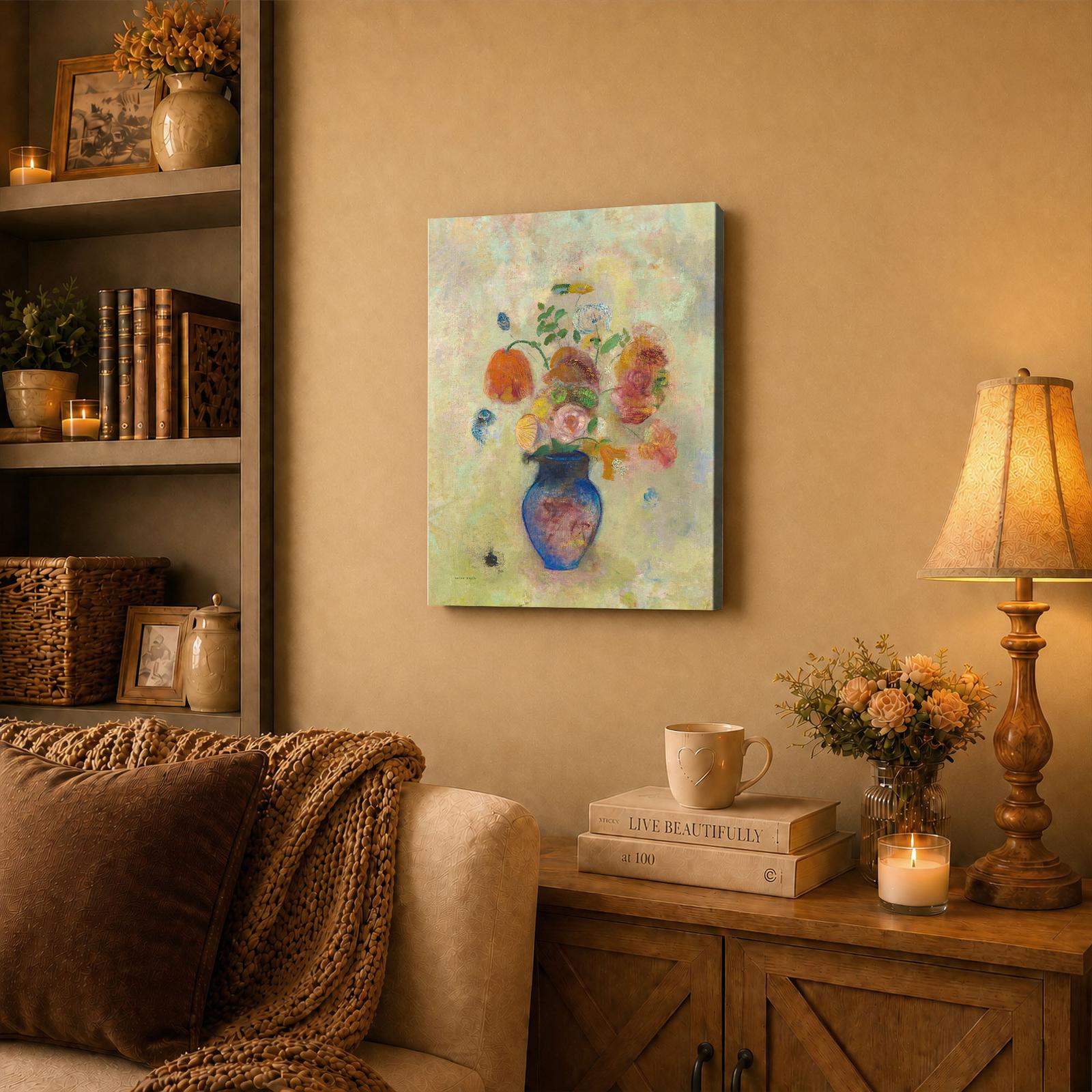 Large Vase with Flowers canvas wall art displayed in a bedroom