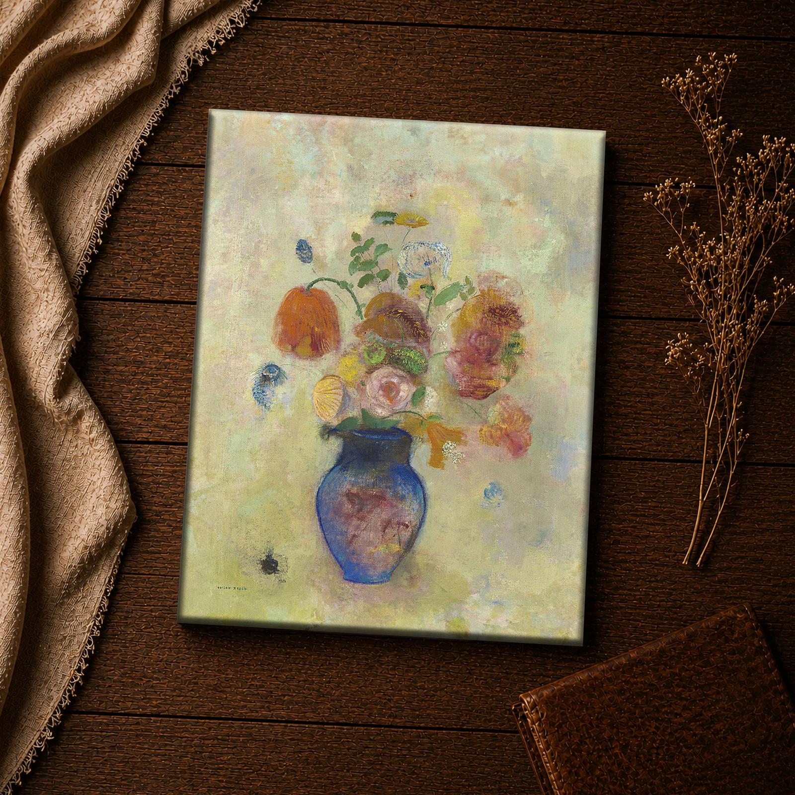 Large Vase with Flowers canvas print close-up - poppies and roses in a blue vase