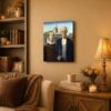 American Gothic canvas wall art displayed in a living room