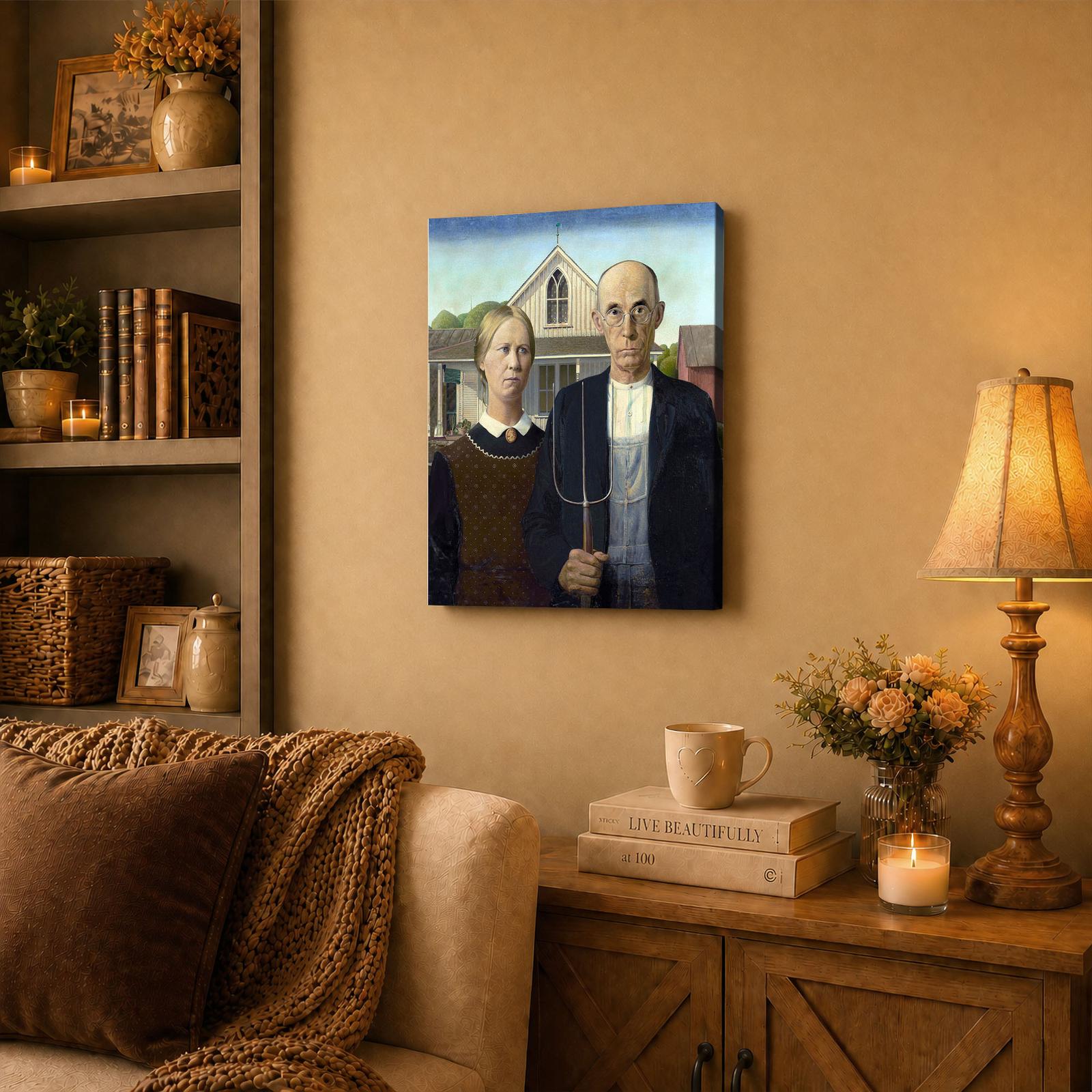 American Gothic canvas wall art displayed in a living room