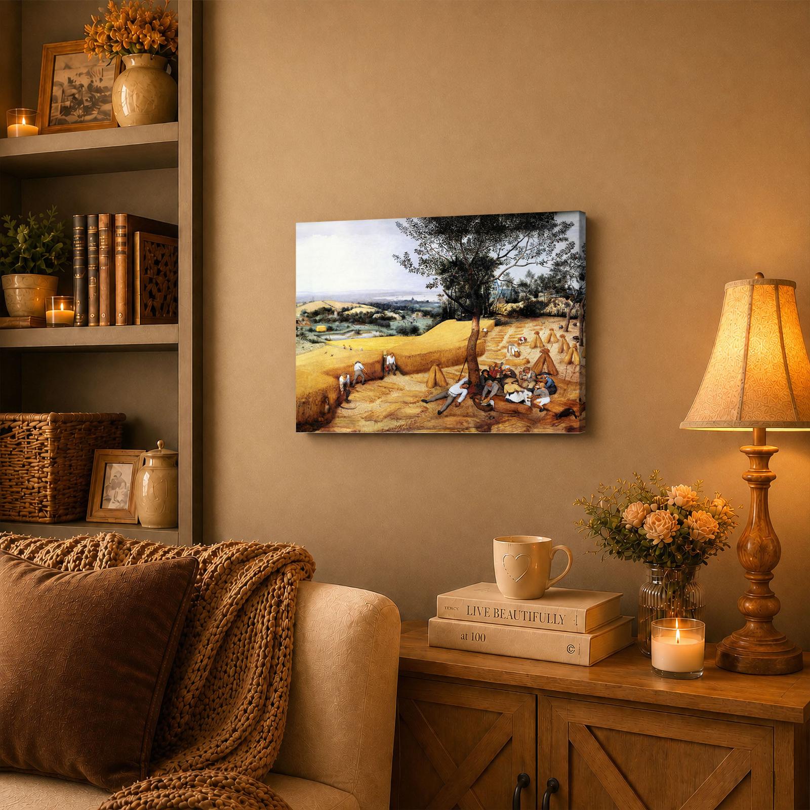 The Harvesters Bruegel canvas wall art displayed in a study
