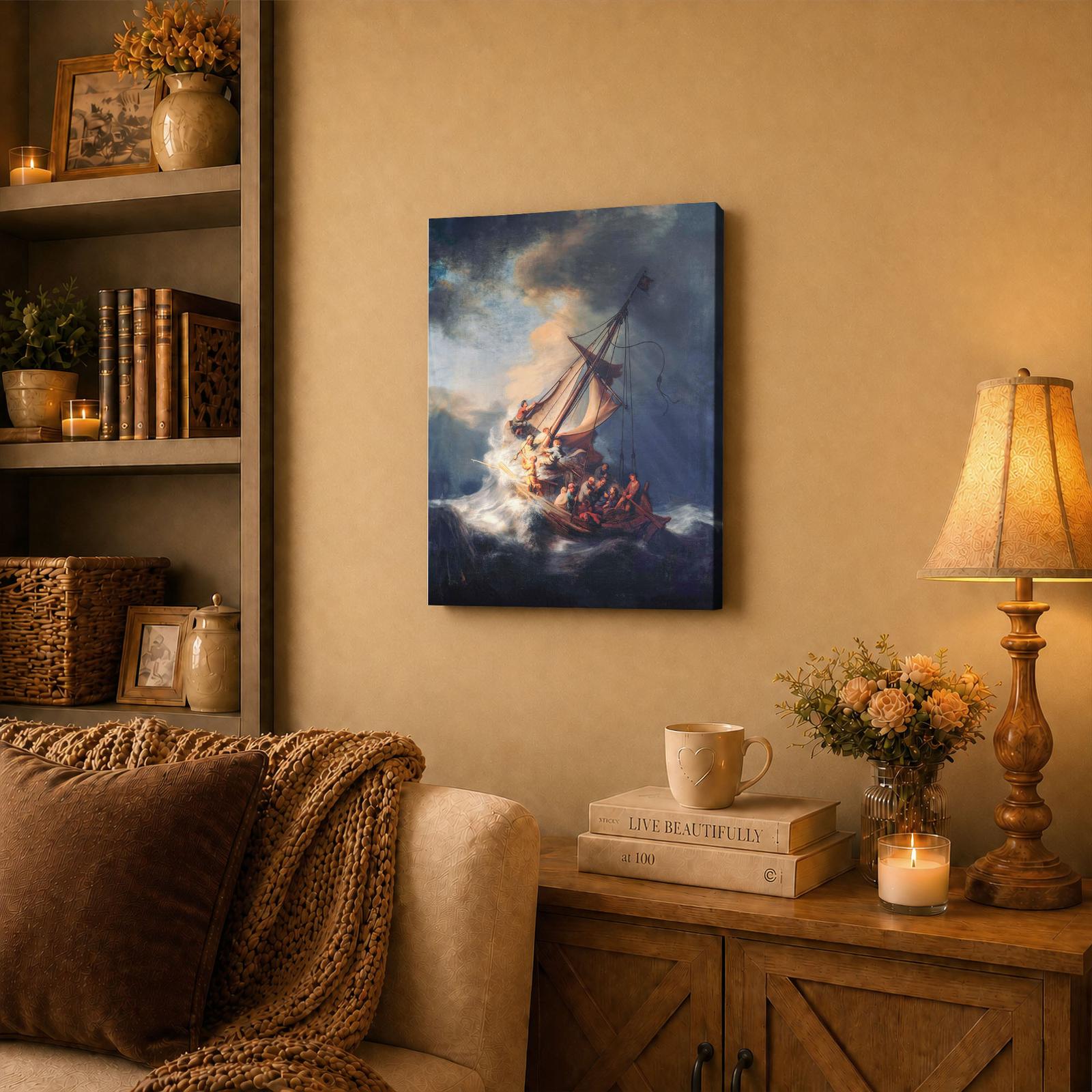 Storm on the Sea of Galilee canvas wall art displayed in a study