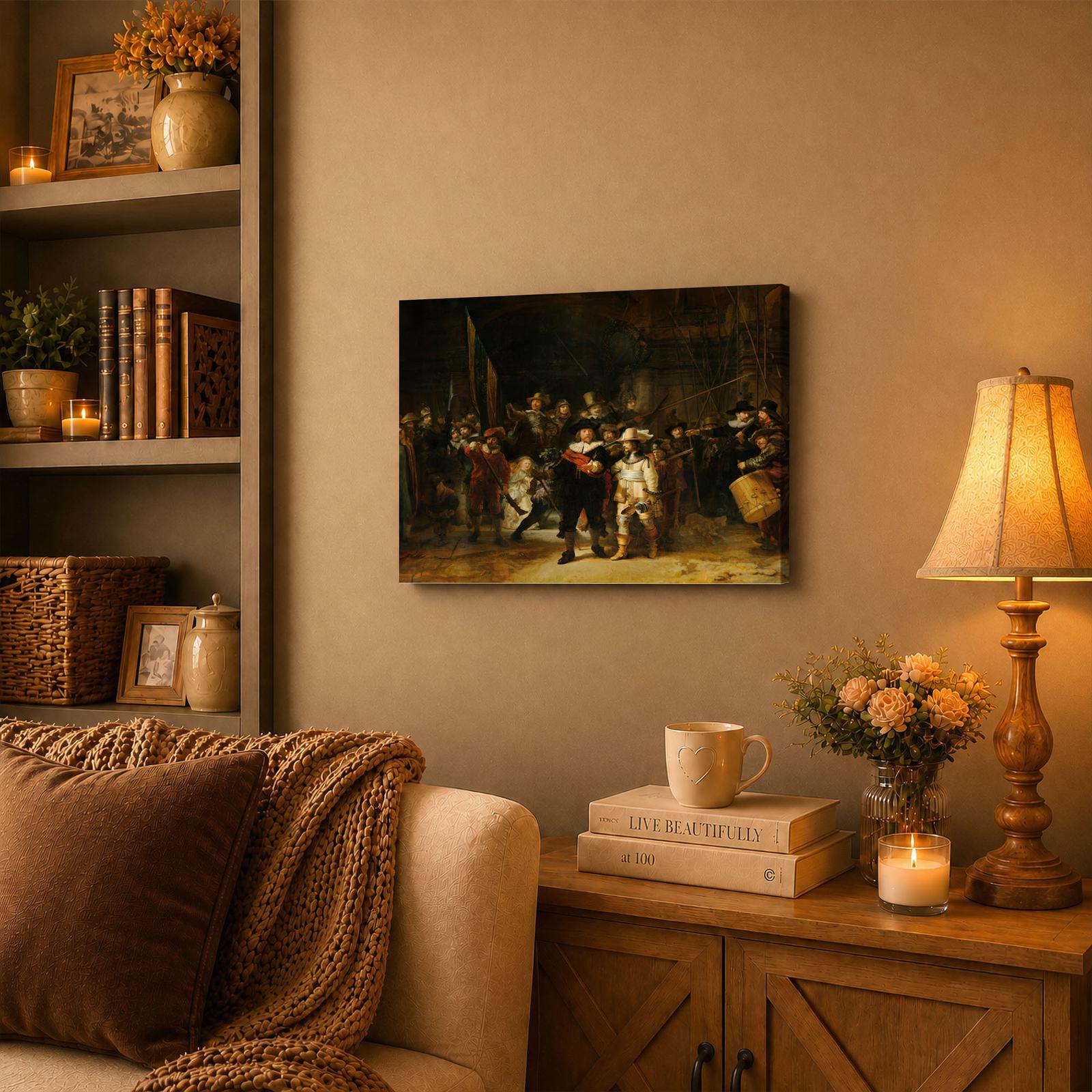 Rembrandt Night Watch canvas wall art displayed in a study and entryway