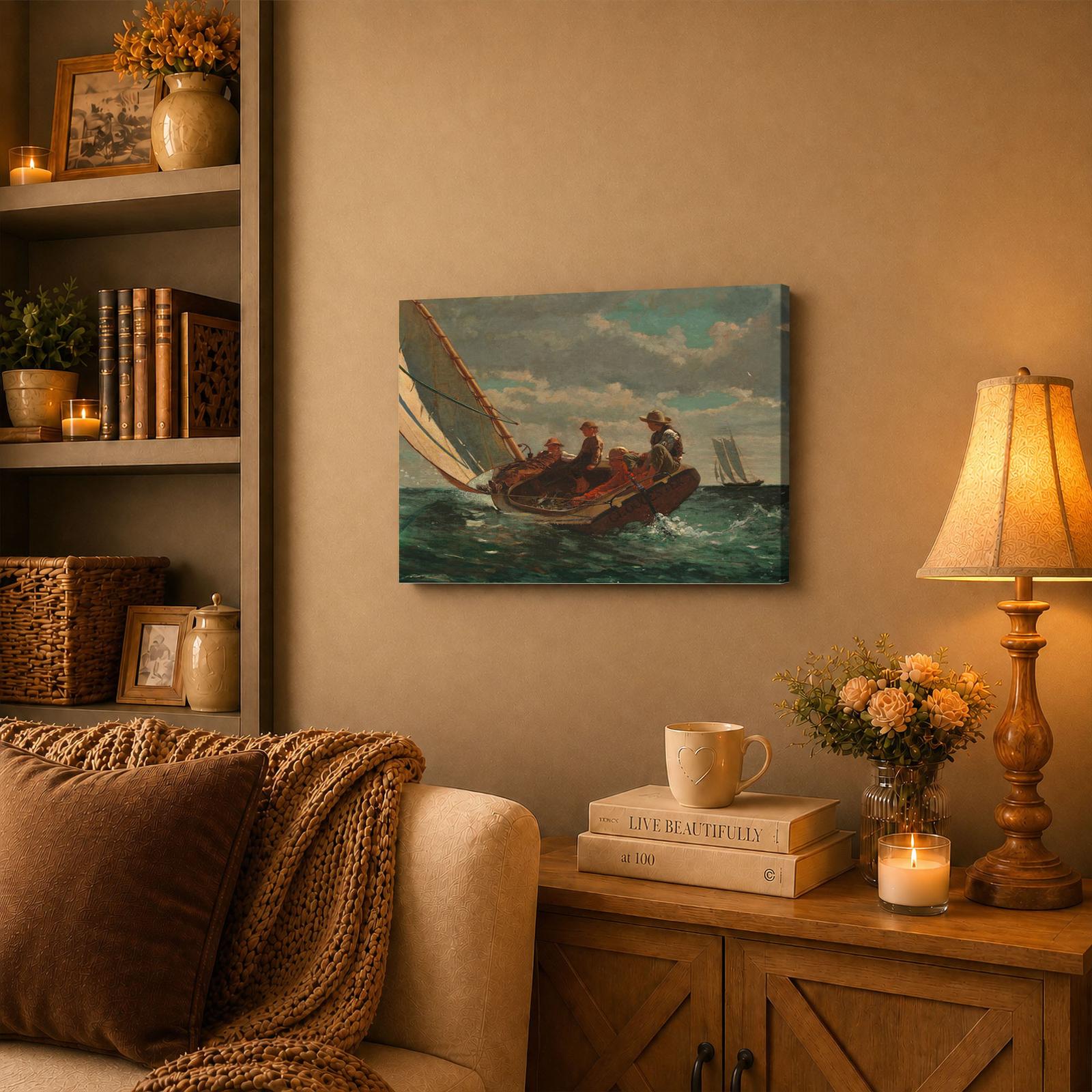 Breezing Up (A Fair Wind) canvas wall art displayed in a sunroom
