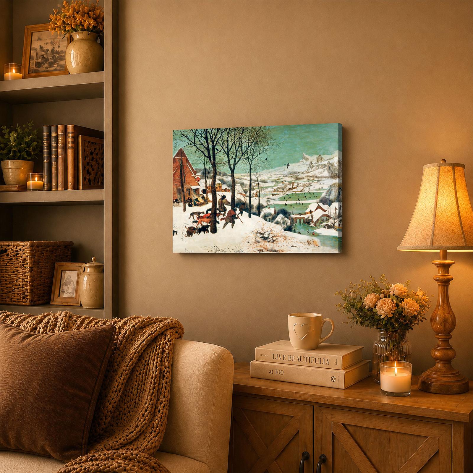 Hunters in the Snow canvas wall art displayed in a den