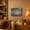 Irises in Monet's Garden canvas wall art displayed in a living room and sunroom